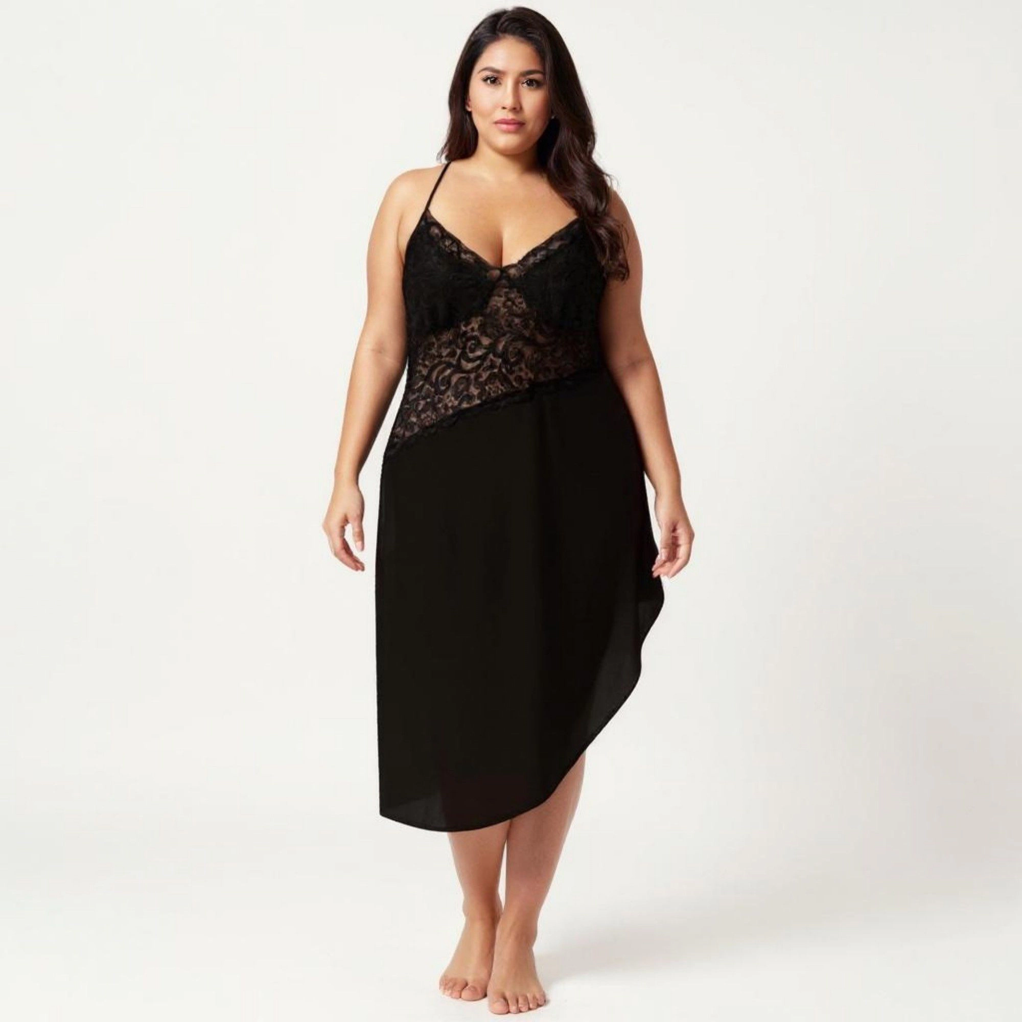 Anna-Kaci Women's Plus Lace Panel Slip Nightgown with Adjustable Spaghetti Straps V Neck Asymmetrical Hem Sleepwear