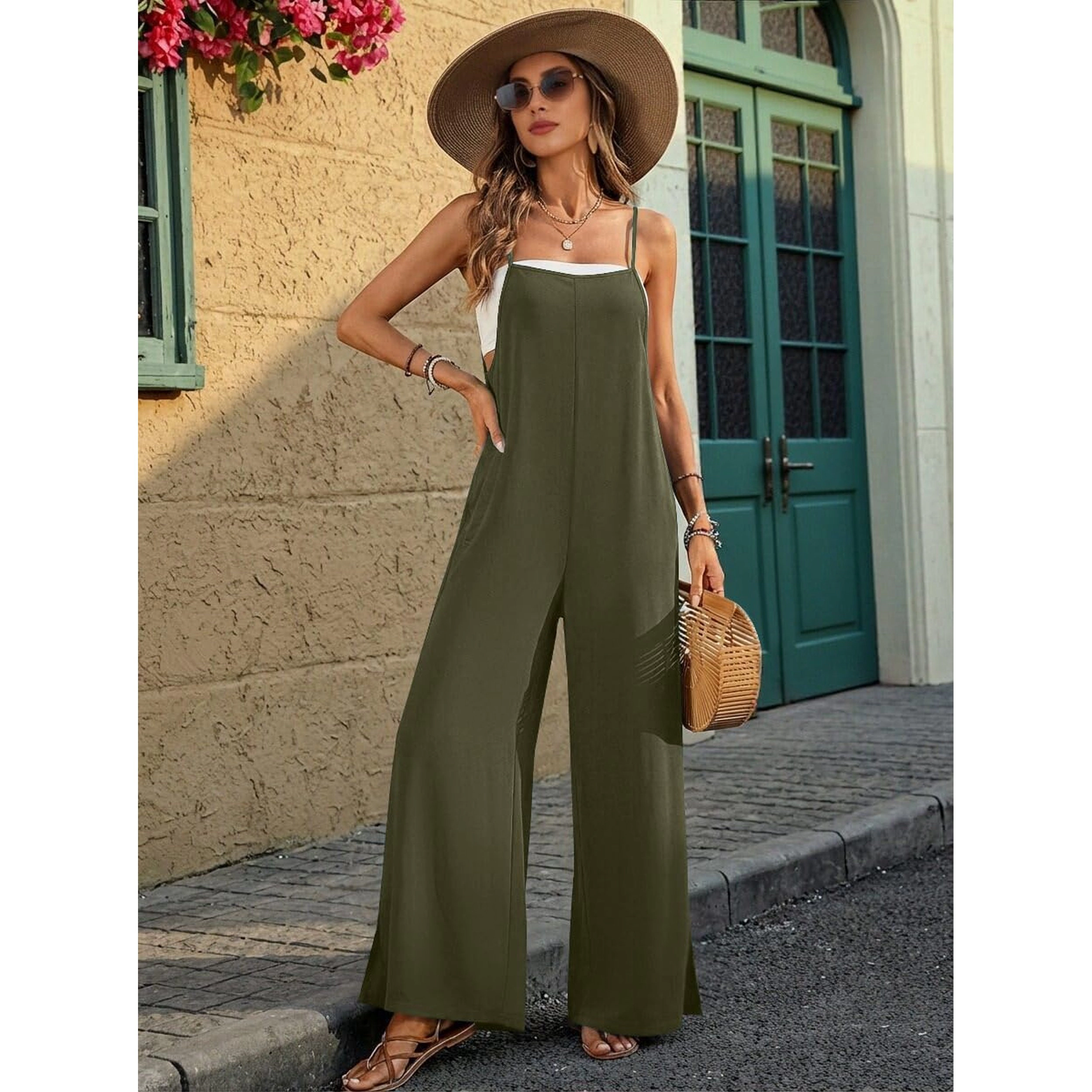 Ekouaer Women's Floral Print Spaghetti Strap Wide Leg Jumpsuit