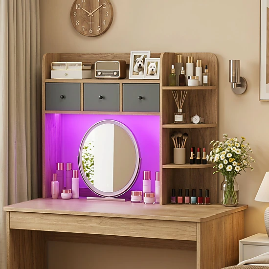 LJG Desktop Bookshelf with LED Lights 5-Tier Shelves and 3 Drawers for Home Officce