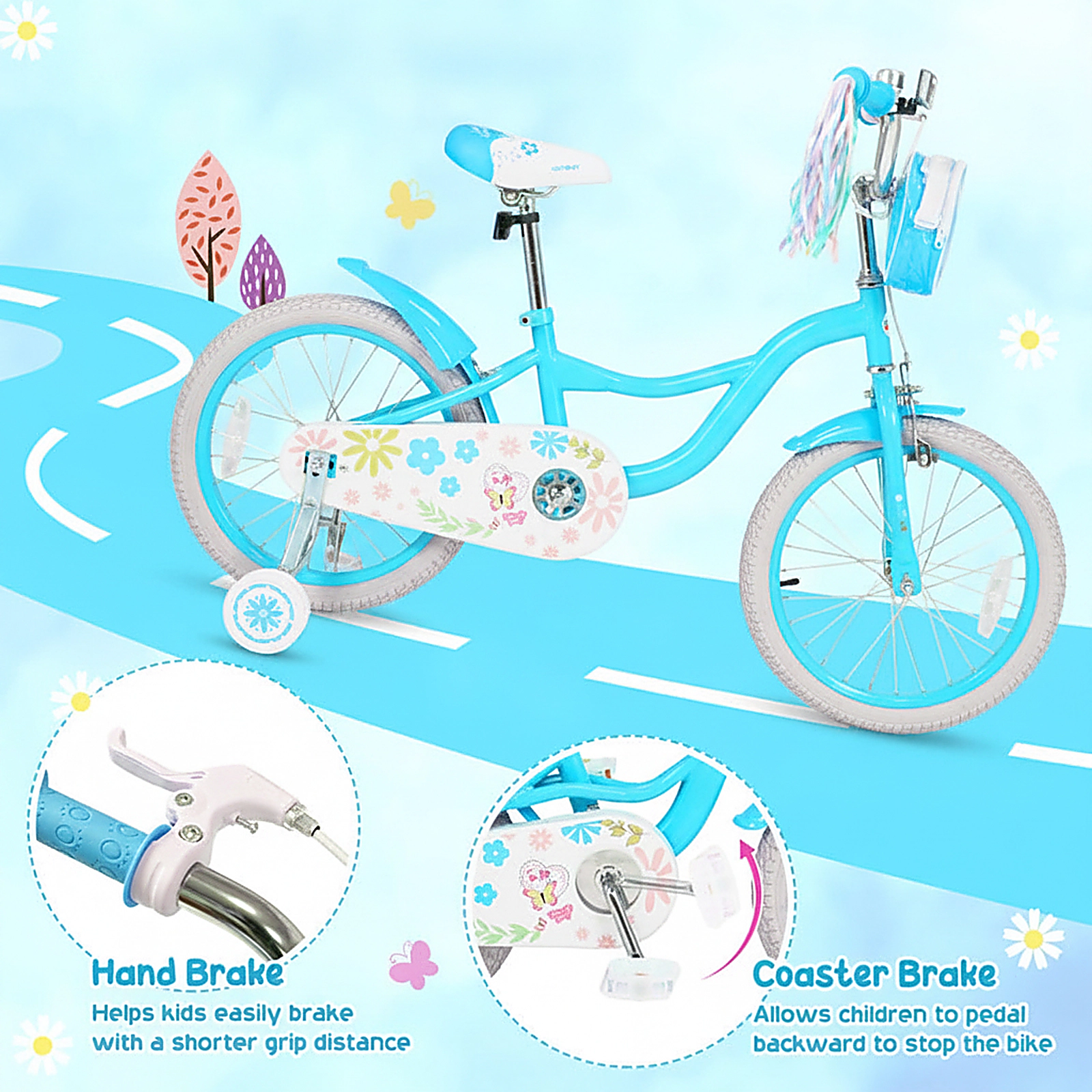 SUGIFT Blue Training Wheels Front Bag Streamers and Kickstand Girls 18 Inch Bike