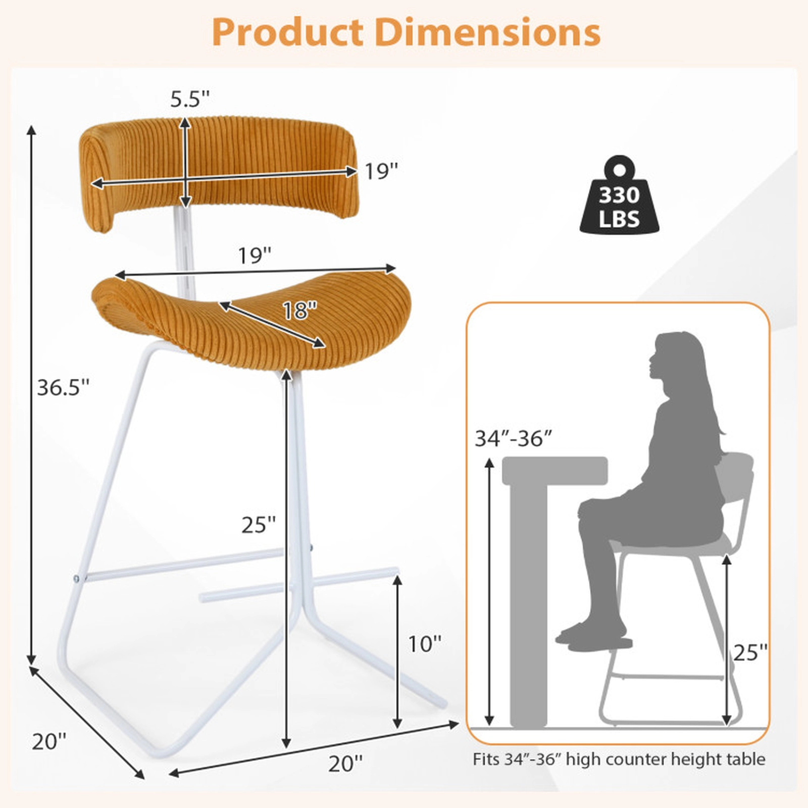 SUGIFT Orange Corduroy Padded Seat Set of 2 Counter Height 25 Inch Armless Bar Stools