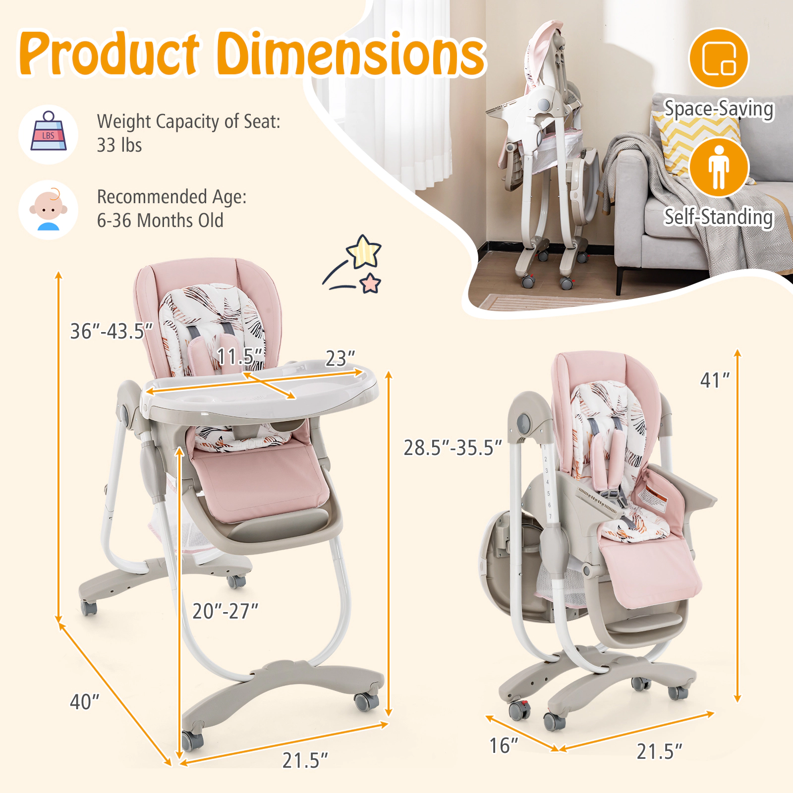 Folding Baby High Chair BPA-Free Heat-Resistant Dishwasher-Safe Tray Adjustable Backrest Footrest 6 to 36 Months Pink