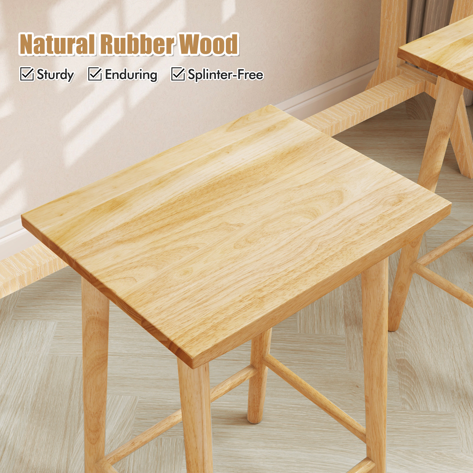 SUGIFT Solid Rubber Wood Counter Height Bar Stools Set of 2 with Footrest 350-lb Capacity Natural