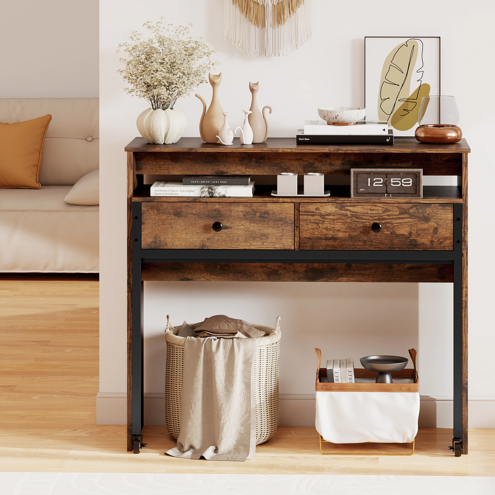 SUGIFT Extendable Computer Desk with Monitor Shelf and 2 Storage Drawers 176-lb Capacity Rustic Brown & Black