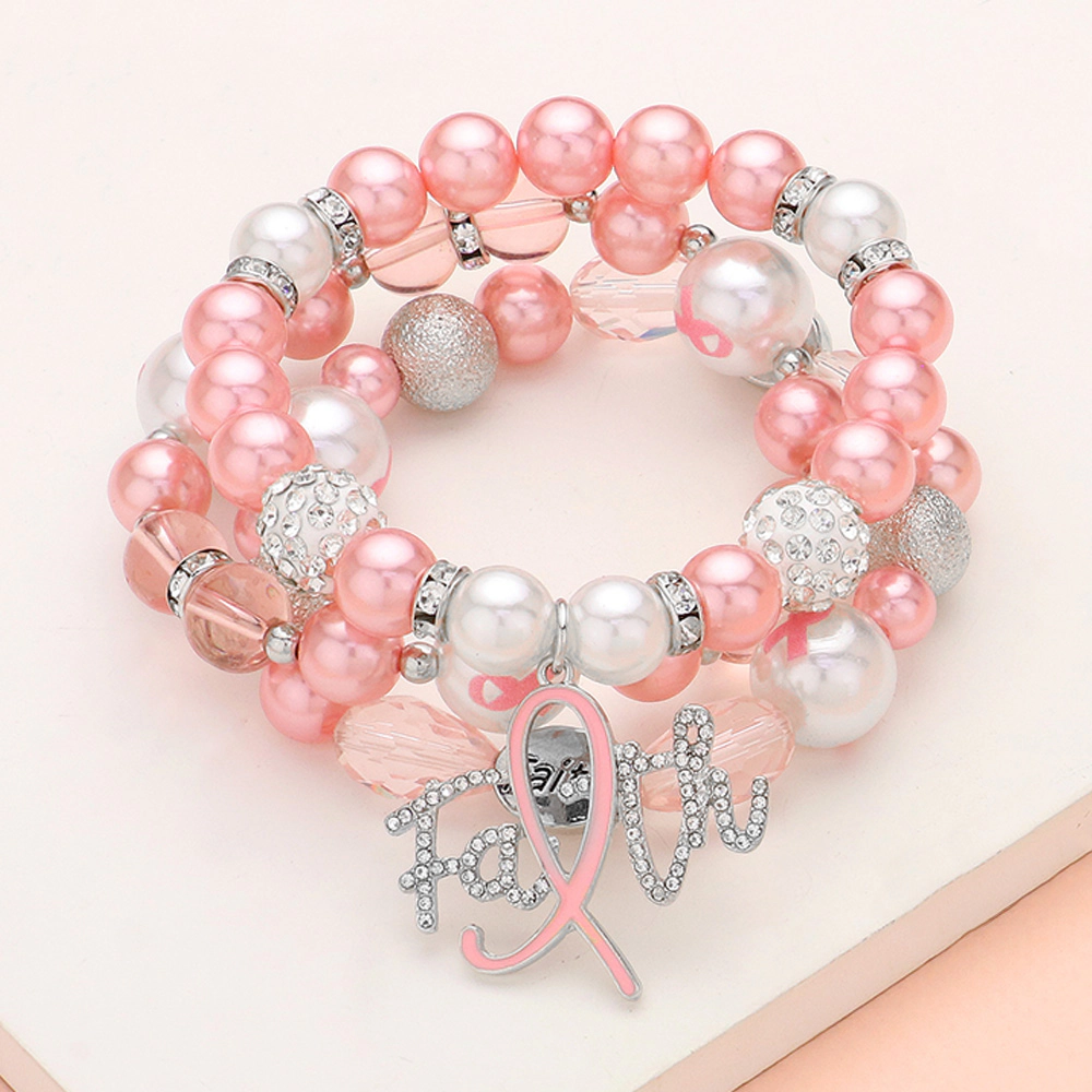 FASHNZFAB 3PCS - FAITH Message Charm Shamballa Ball Pointed Pearl Beaded Stretch Multi Layered Bracelets