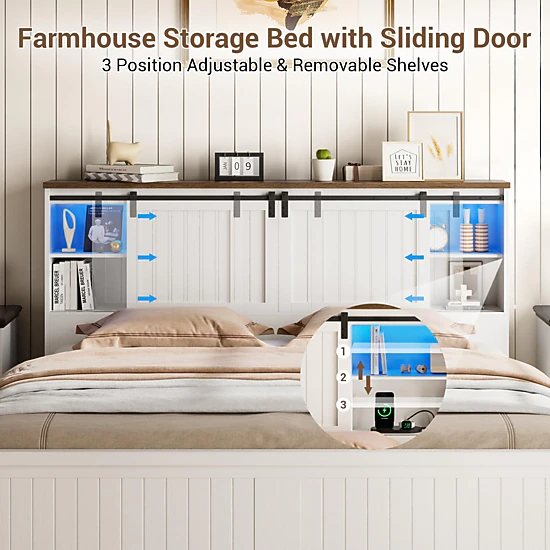 BebreezChic Platform Bed Frame with Charging Station, LED Light, Storage Bookcase & Barn Doors
