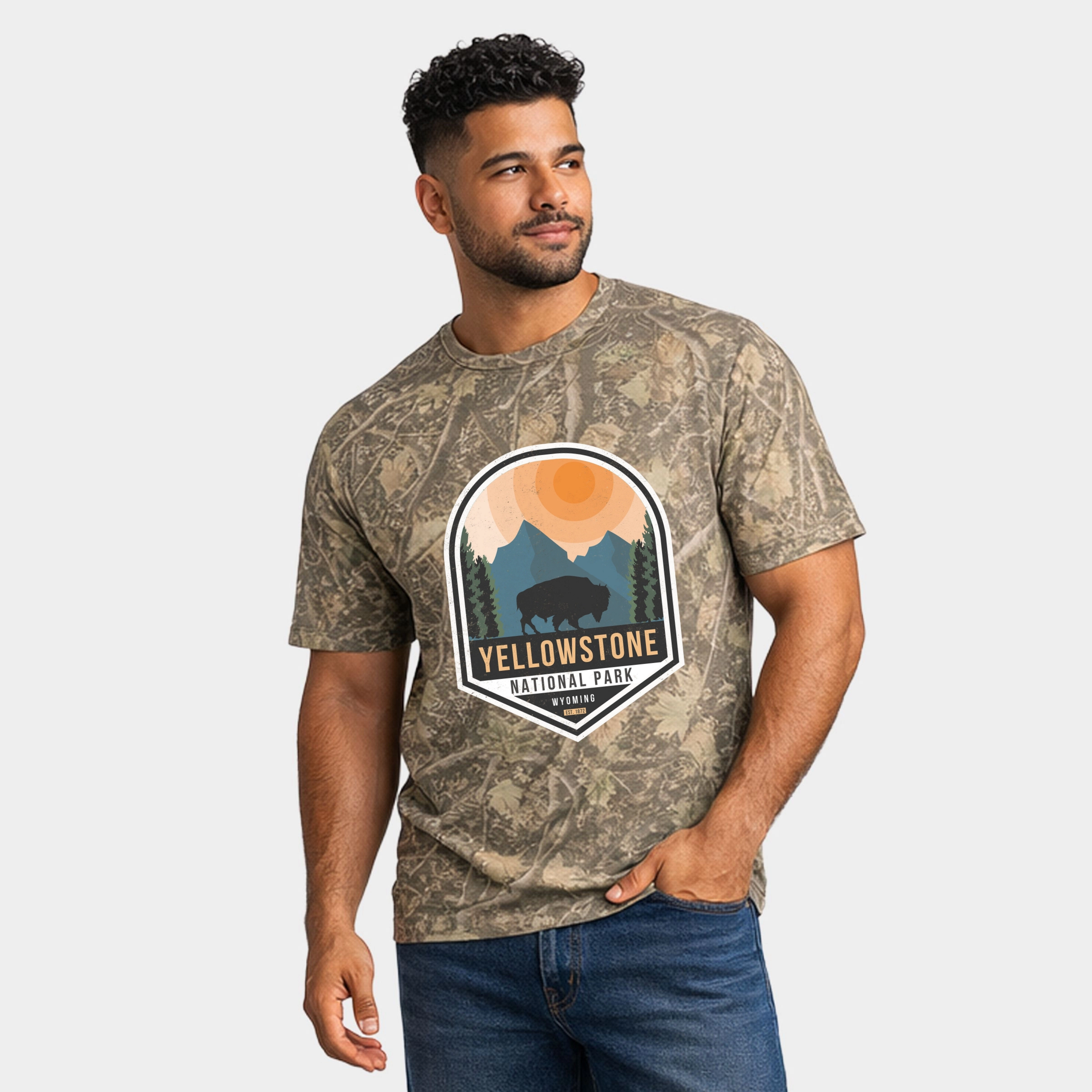 Simply Sage Market - Men's Heavyweight Camo Tee Yellowstone National Park Badge