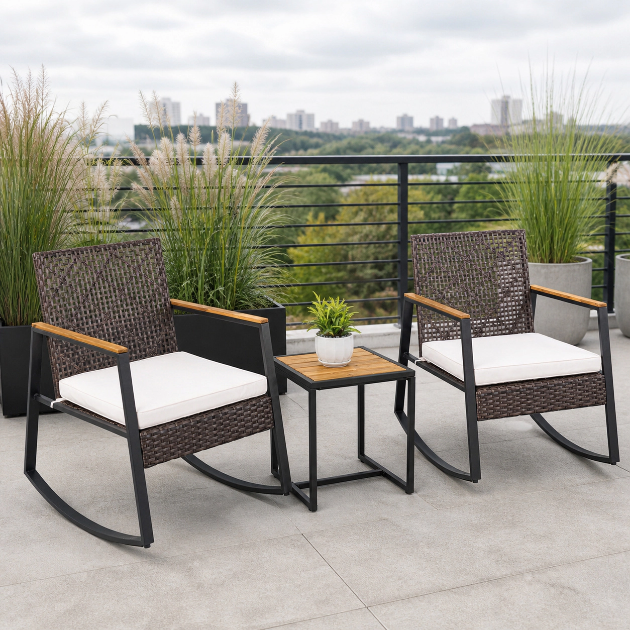 SUGIFT 3-Piece Mixed Brown Outdoor Wicker Rocking Chair Set with Coffee Table