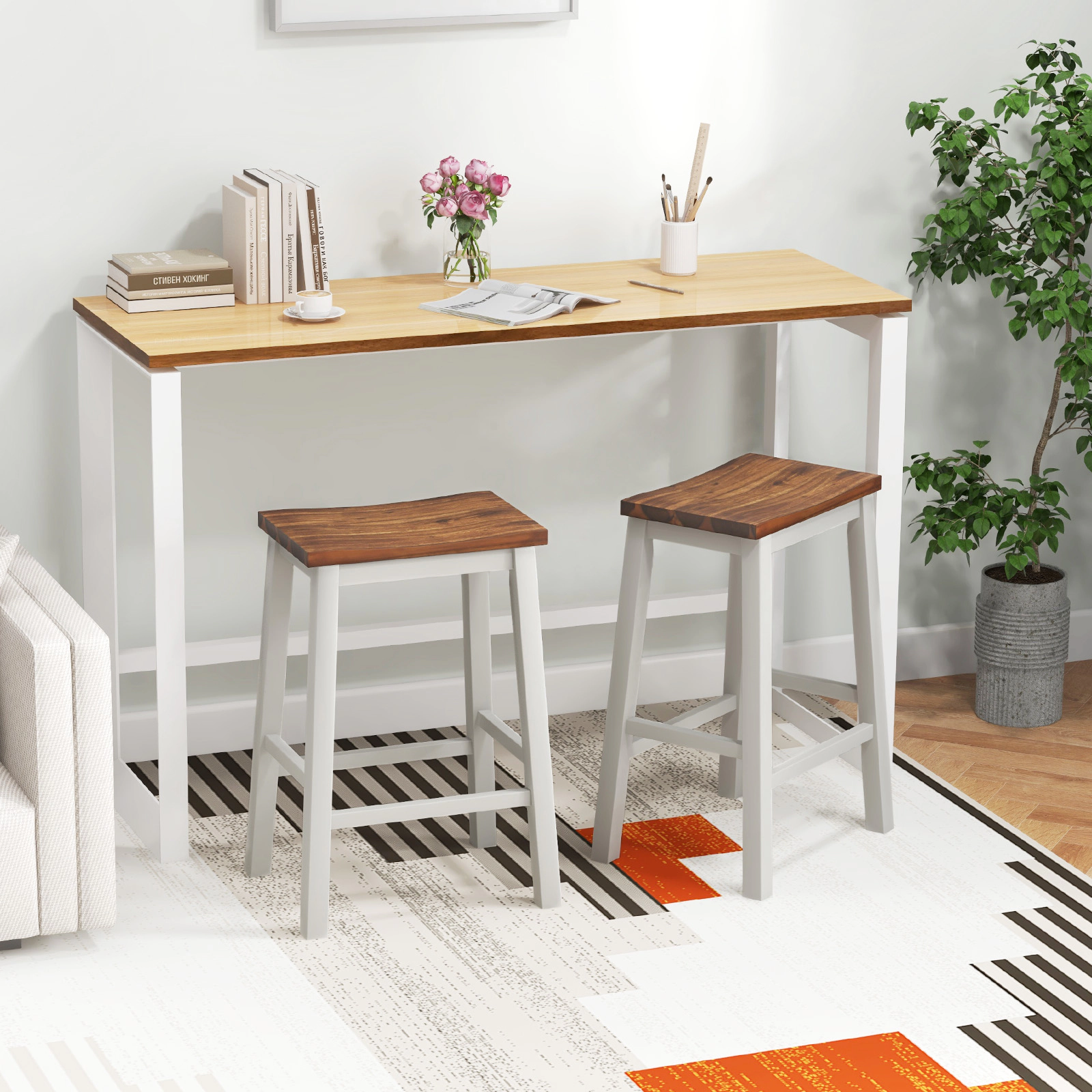 SUGIFT 24.5-in High Set of 2 Wooden Saddle Bar Stools with Footrests 350-lb Capacity for 35-39-in Tables Gray+Walnut