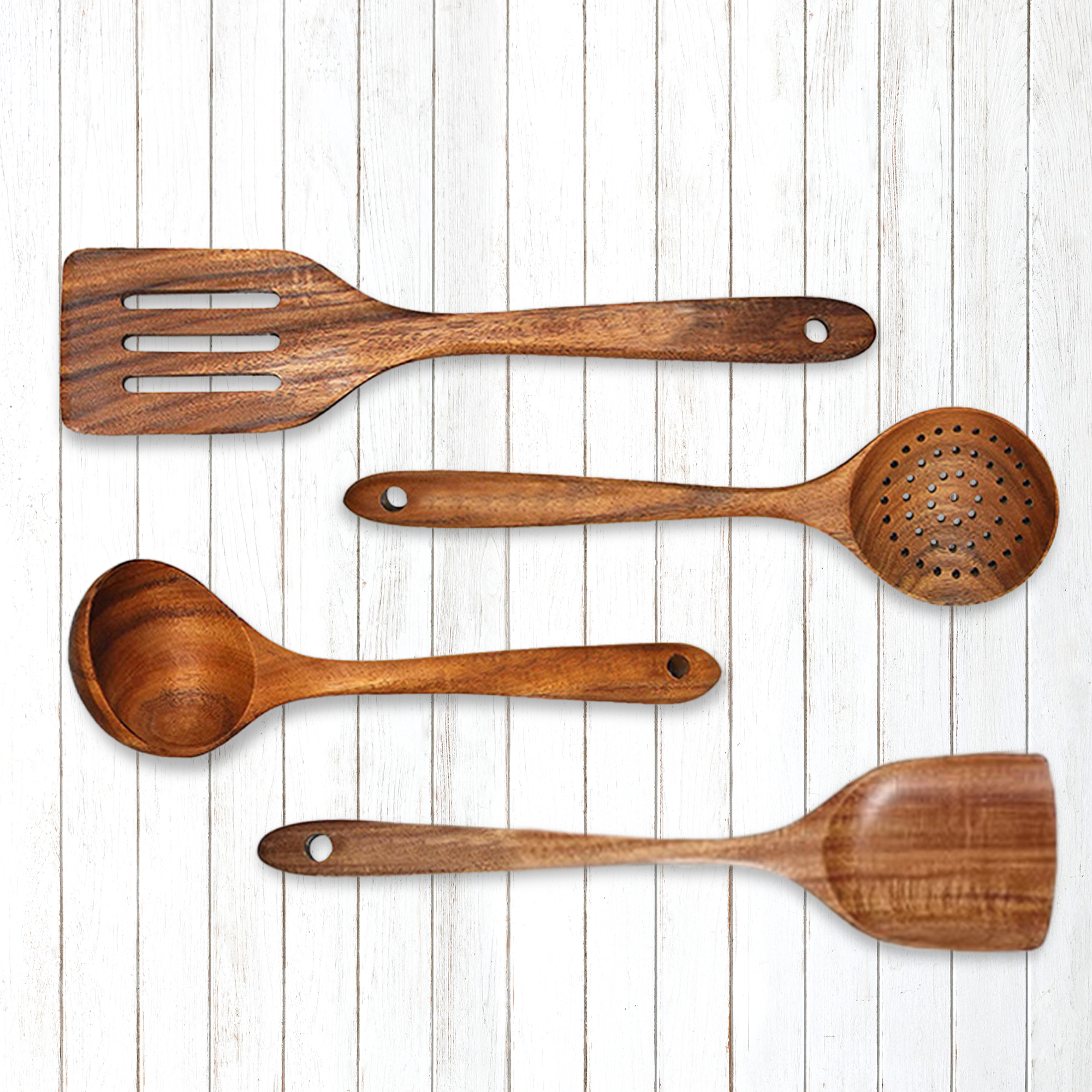 Cheer Collection 4-Piece Teak Wood Cooking Utensil Set with Spatulas and Spoons