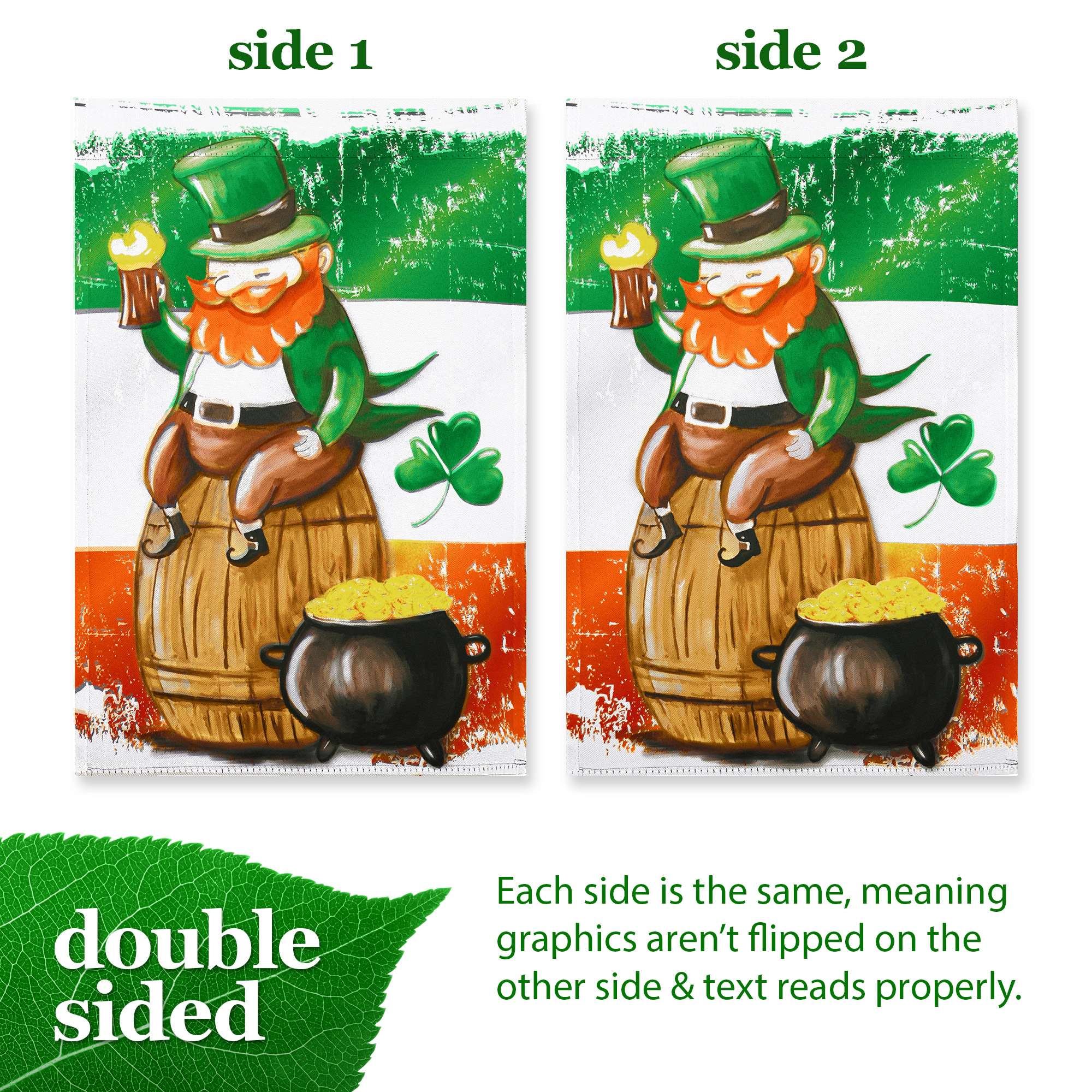 G128 Double-Sided St. Patrick's Day Garden Flag 12x18 in Leprechaun with Pot of Gold