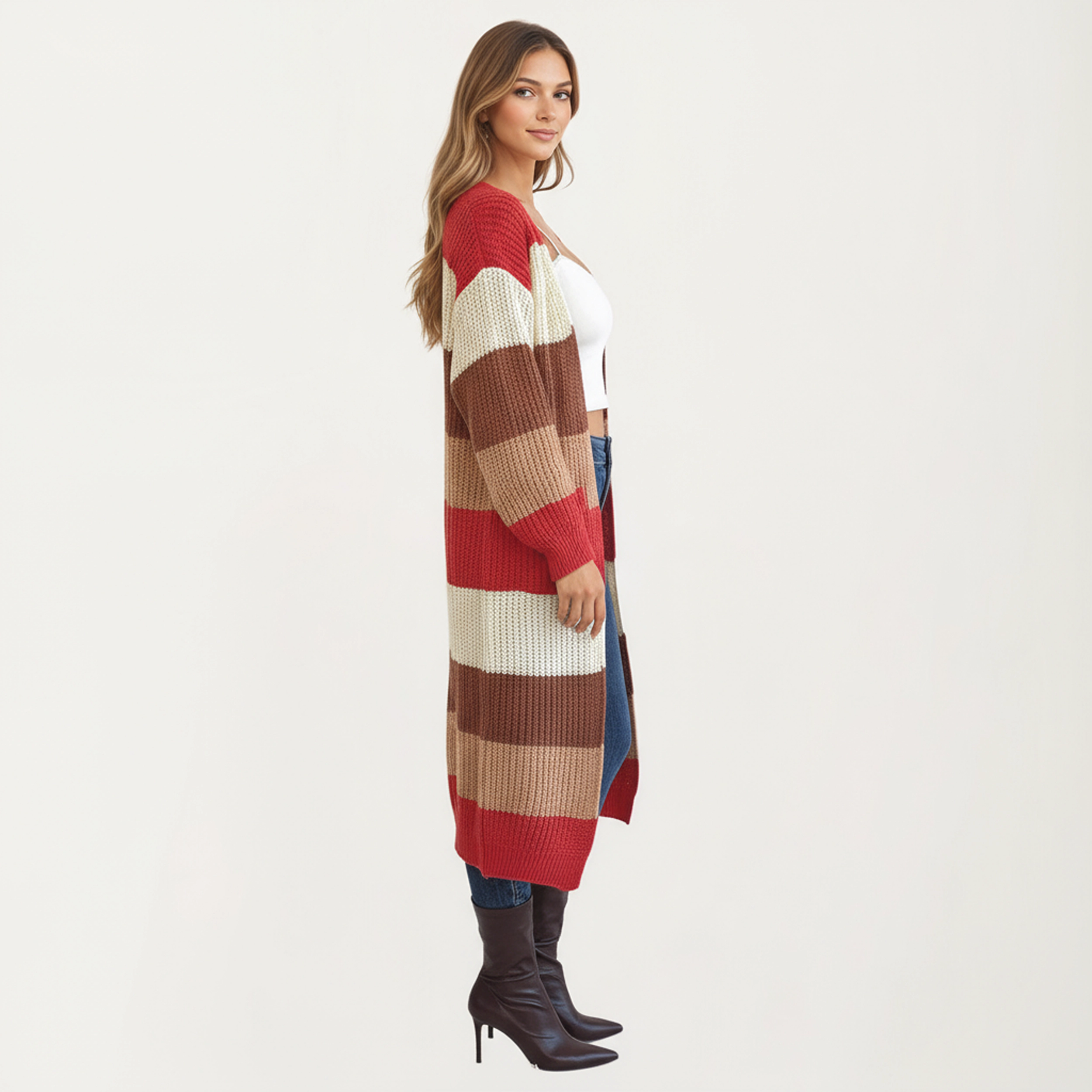 Anna-Kaci Women's Long Sleeve Open Front Knit Cardigan with Bold Color Block Stripes Design