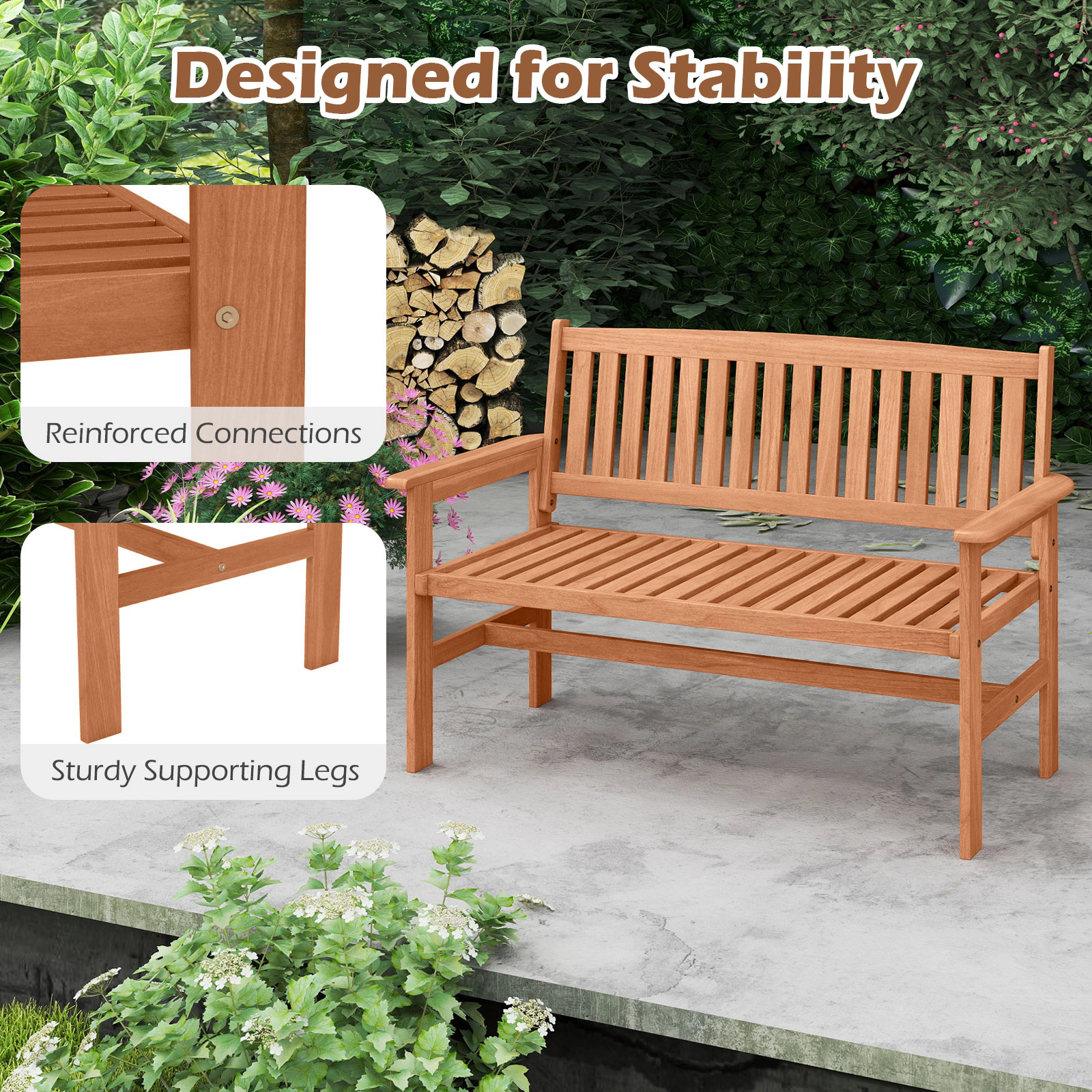 SUGIFT Solid Wood 2-Person Patio Bench Loveseat with Curved Slatted Seat and Armrests 530-lb Capacity 47-in Wide Natural