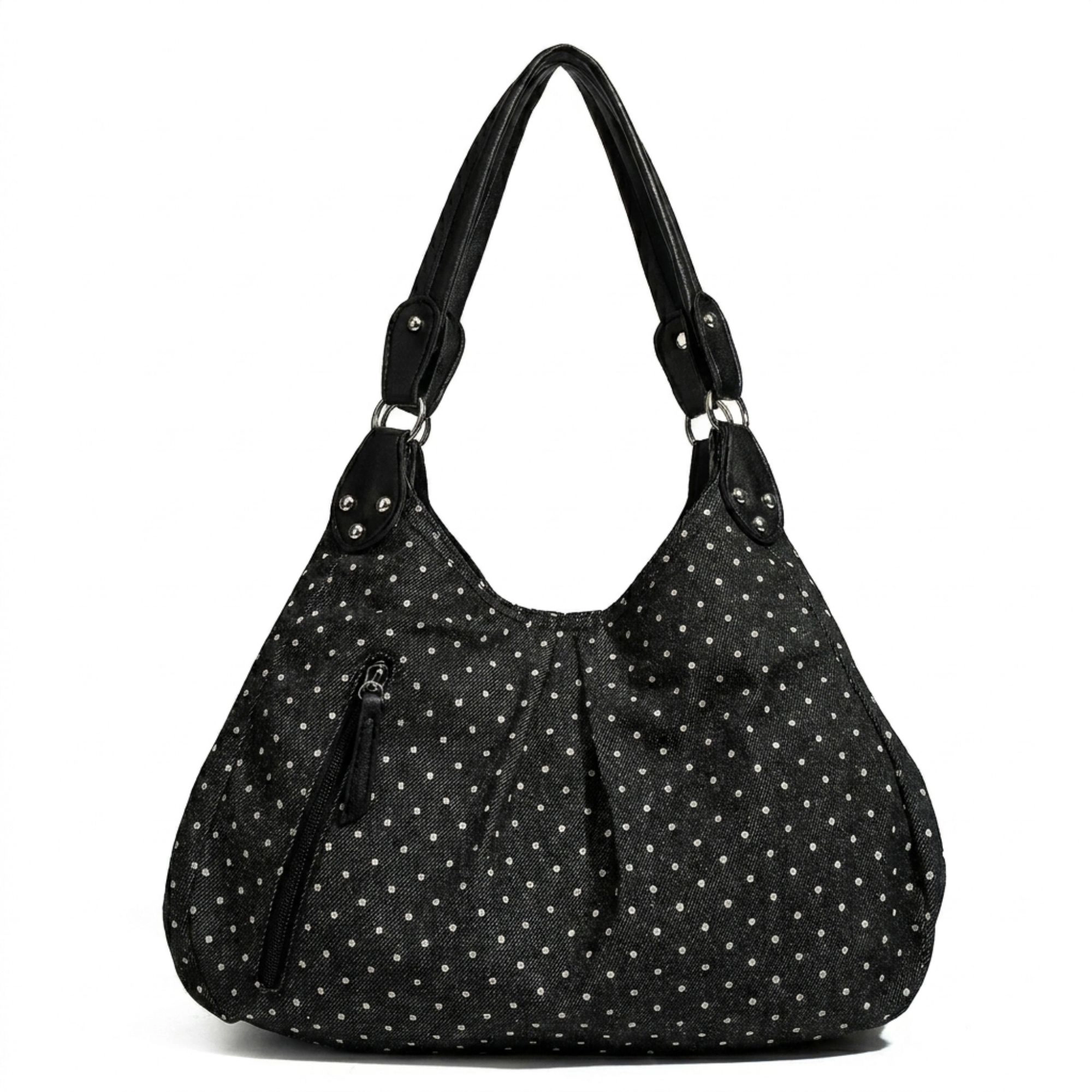 Alilang Women's Polka Dot Hobo Shoulder Bag with Front Zipper Pocket, Black