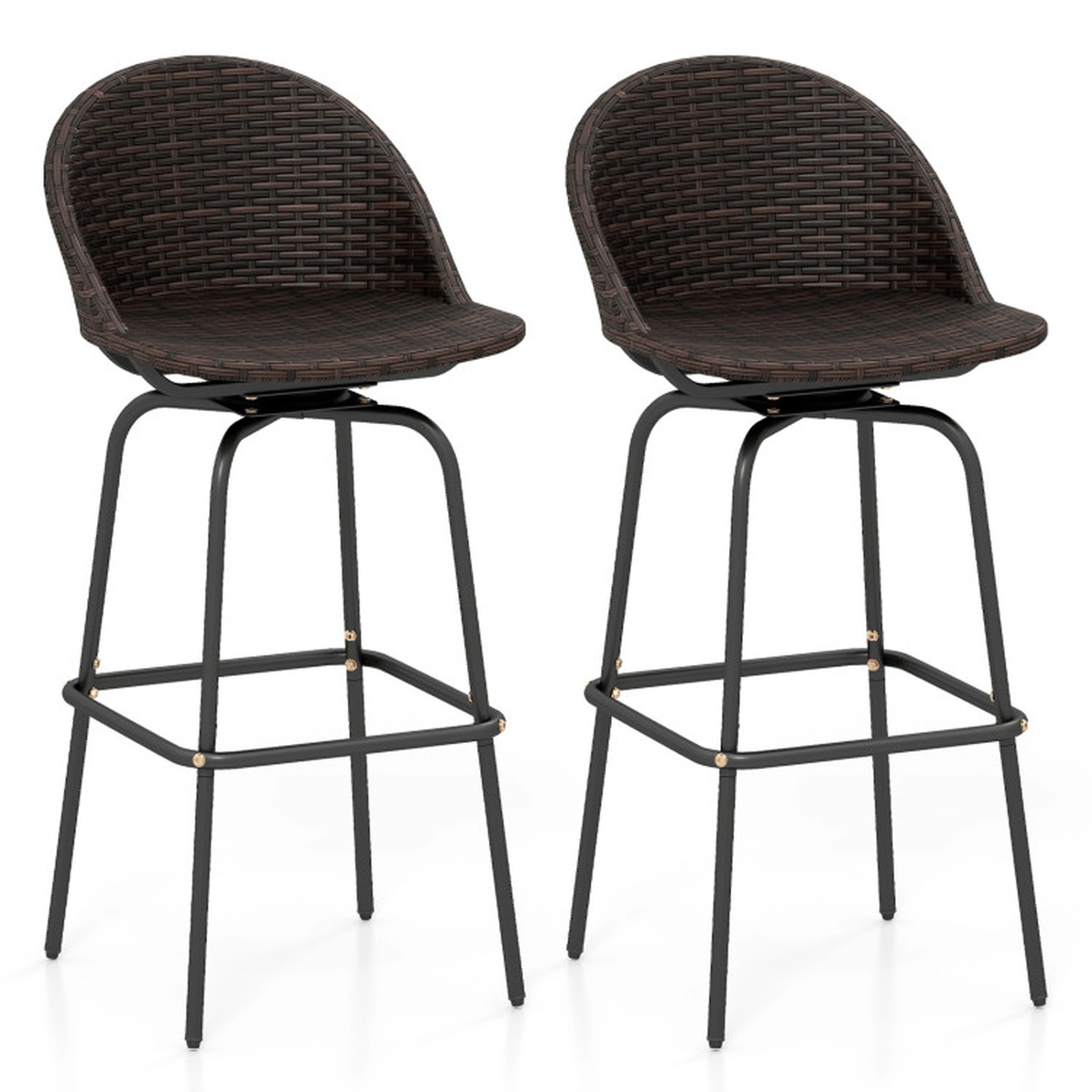 SUGIFT Brown Hand-Woven Rattan Seat and Footrest Set of 2 Patio Swivel Bar Stools