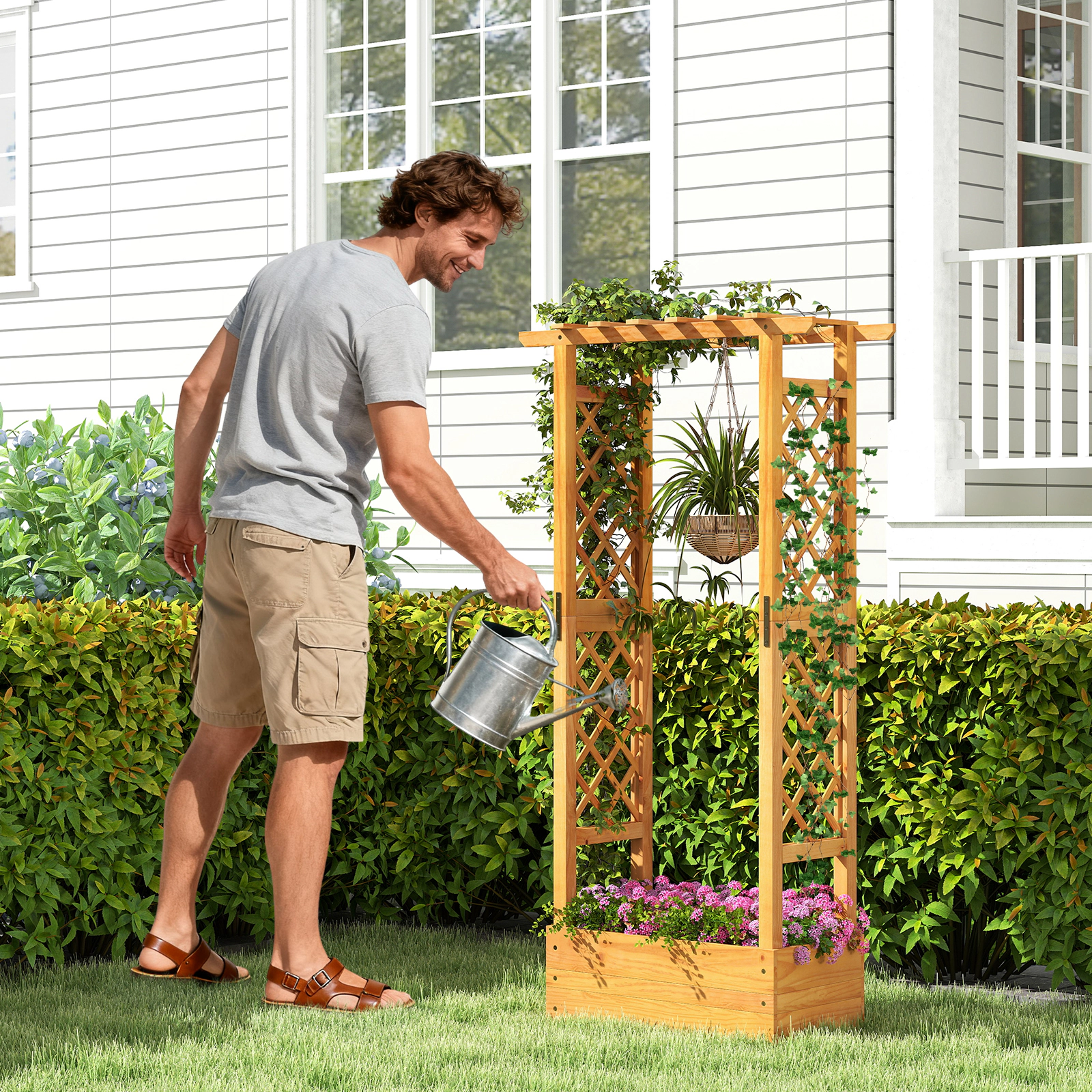 SUGIFT 60-in Tall 44-lb Roof Pine Wood Raised Garden Bed with Lattice Trellis Hanging Roof and Open-Ended Base