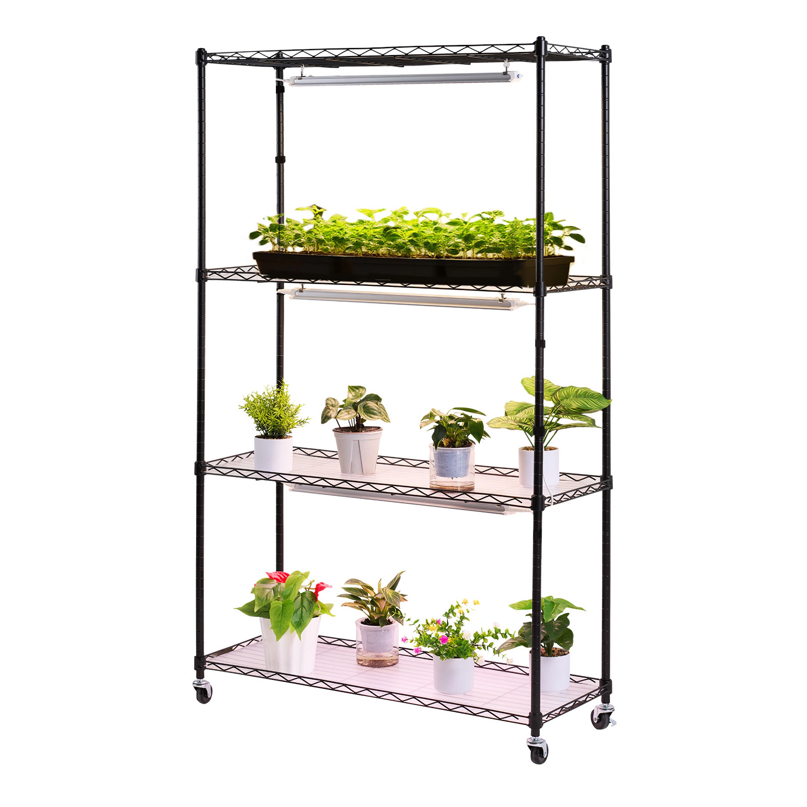 HONGGE Plant Shelf with Grow Light, Indoor Plant Stand, Tall Plants Display Rack with Wheels, Full Spectrum Grow Lights
