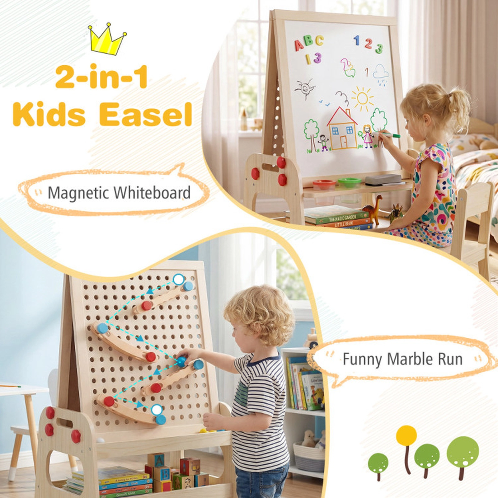 SUGIFT 2-in-1 Kids Art Easel with Magnetic Whiteboard and Marble Run Game 44-lb Capacity Ages 3+ 36-in Tall Natural