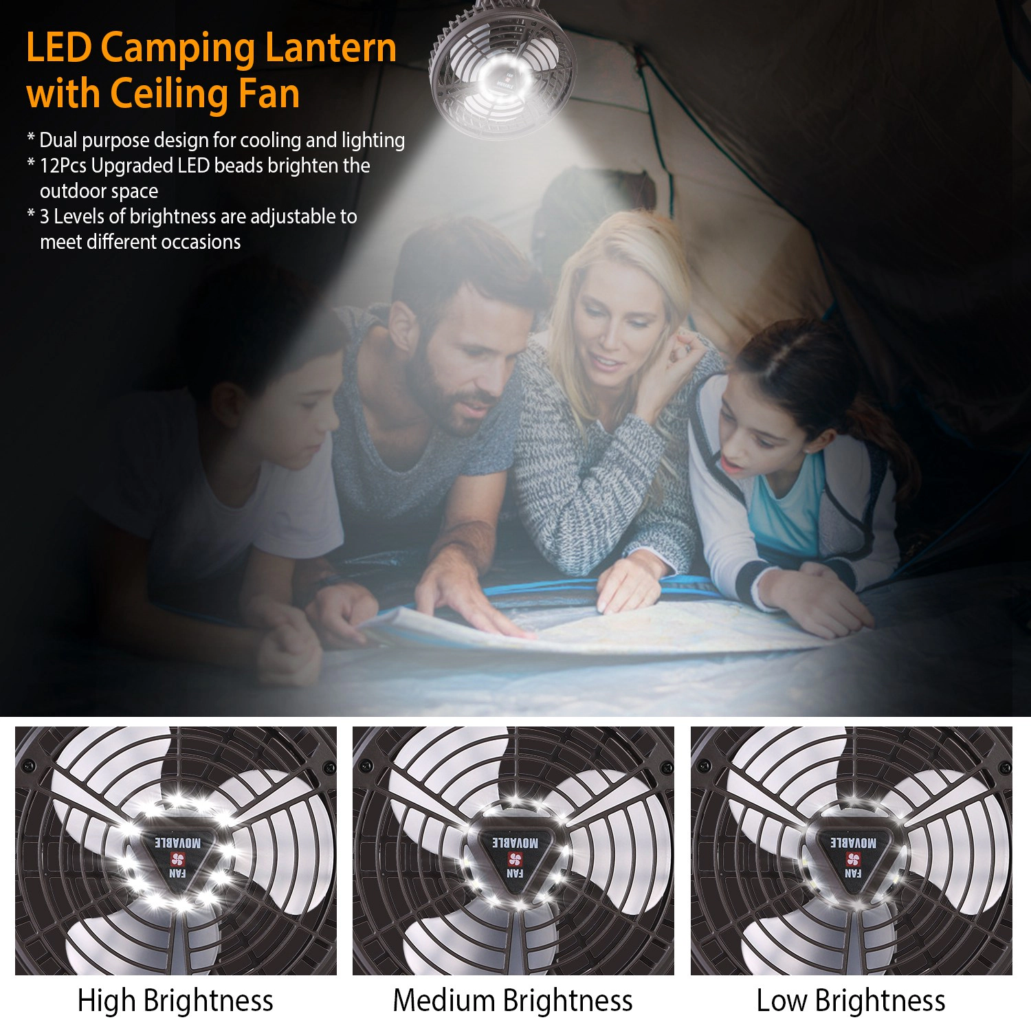 GBruno 10400mAh Rechargeable Camping Fan With LED Light
