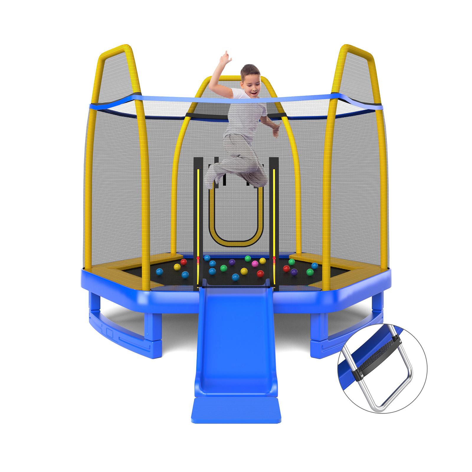 SUGIFT Blue and Yellow 7.3-ft Kids Trampoline with Enclosure Net Ladder and Slide 600-lb Frame Load