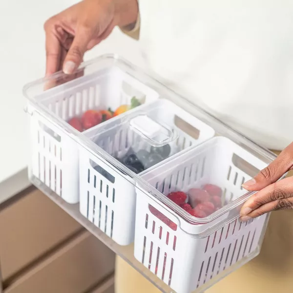 OU Fridge Organizer Bins w/ Drain Baskets & Vented Lids, Clear Stackable Refrigerator Storage Container, 2 Pack BPA Free