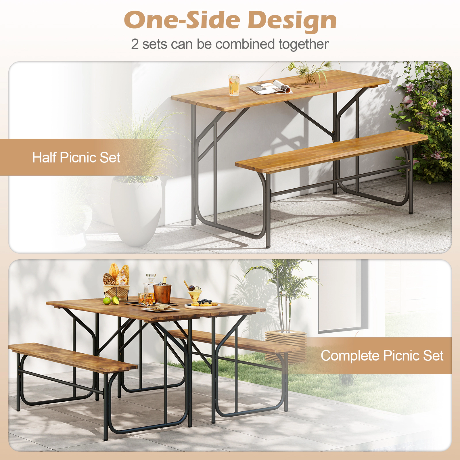 SUGIFT One-Side Picnic Table Bench Set for 2 Acacia Wood Patio Table with Metal Frame