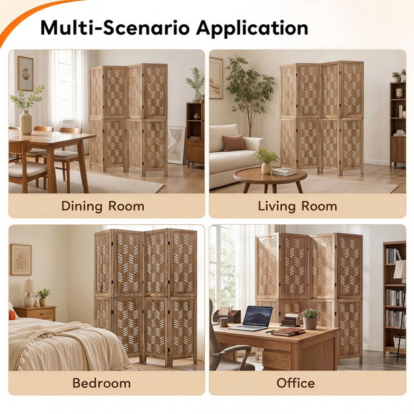 SUGIFT 4-Panel Paulownia Wood Room Divider with Wave Cutout 62 x 67 in Foldable Privacy Screen Brown White