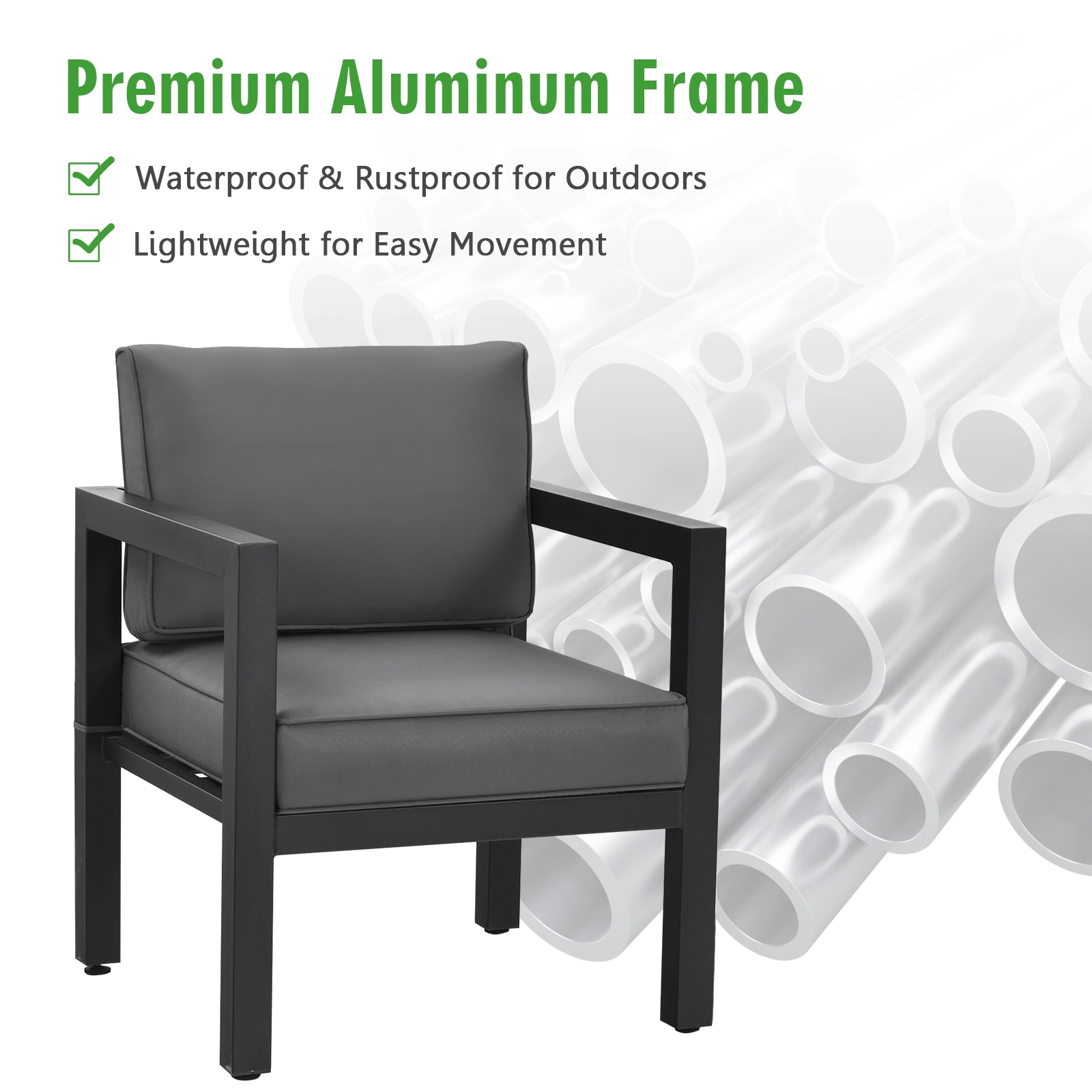SUGIFT Gray 3-Seat Sofa 2 Chairs and Table 4-Piece Outdoor Aluminum Sofa Set