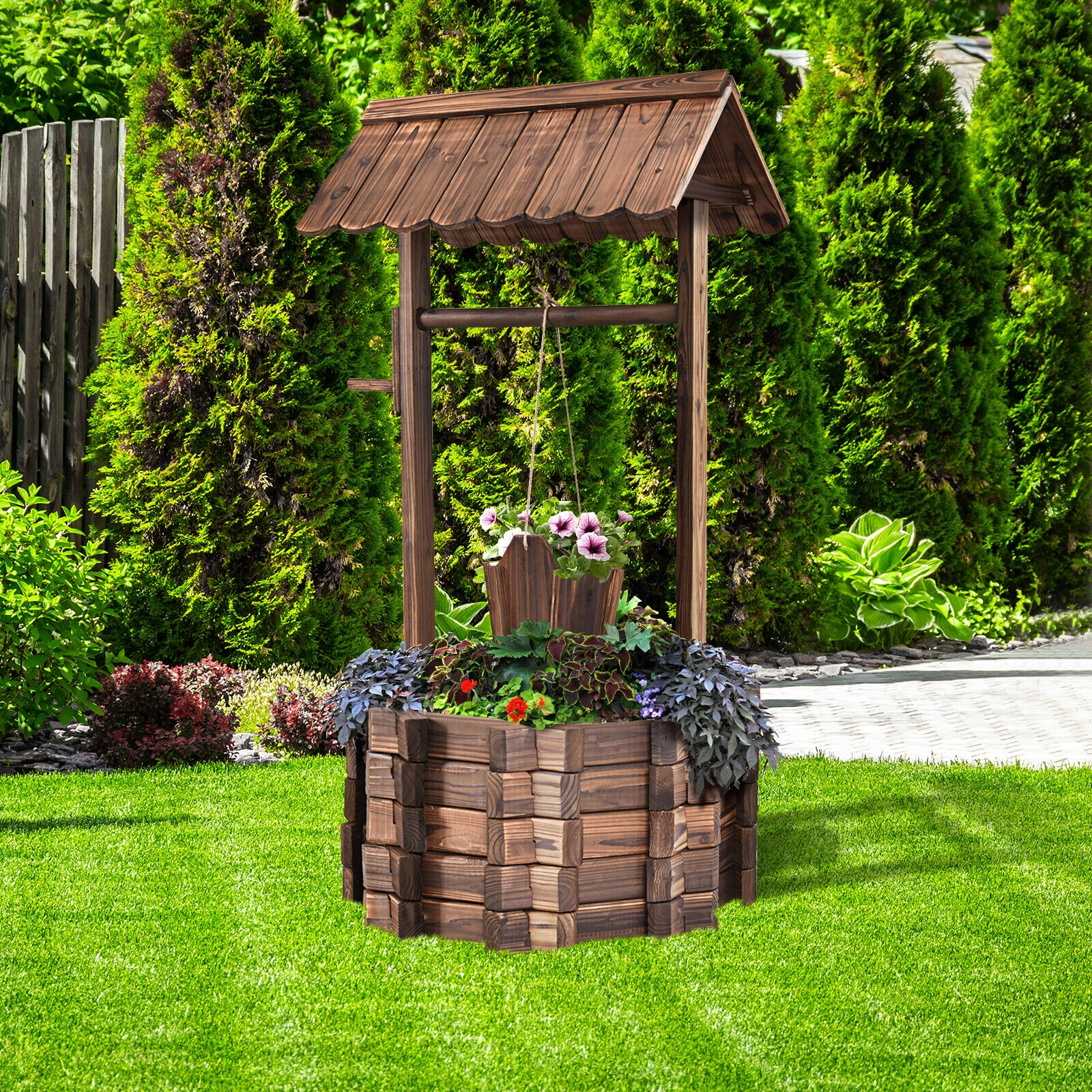 SUGIFT 47-in Tall Rustic Fir Wood Wishing Well Planter with Hanging Bucket Top Hut and 37.8-in Rope