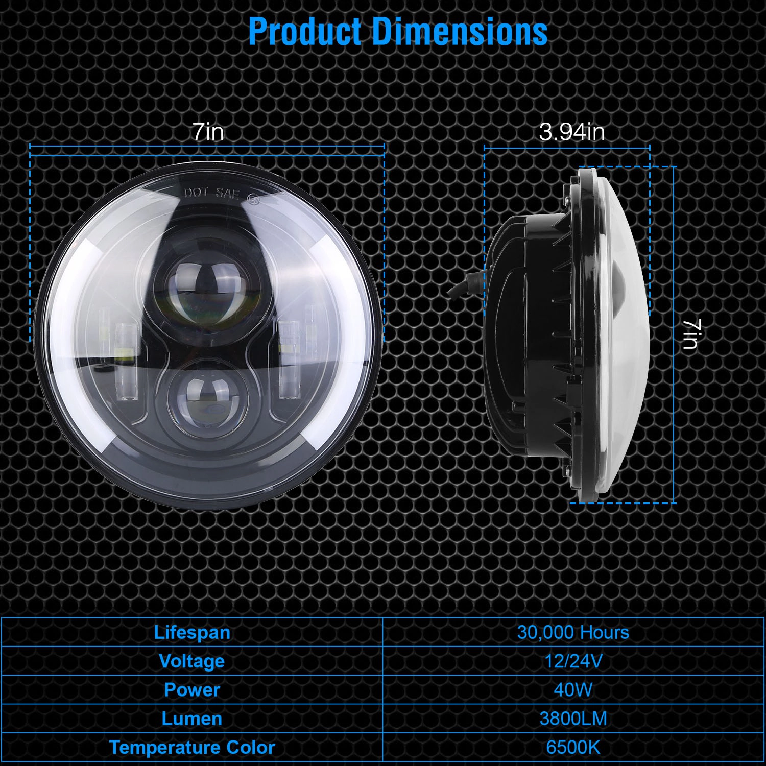 GBruno 7 In 40W Round LED Headlight With Halo DRL