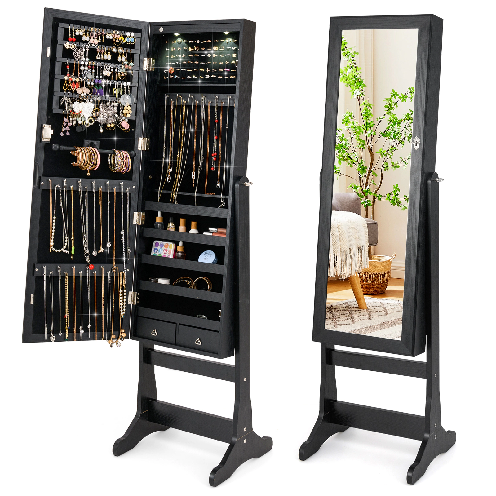 SUGIFT Black Lockable Freestanding Jewelry Cabinet Armoire with Full-Length Mirror LED Lights and Anti-Tip Strap