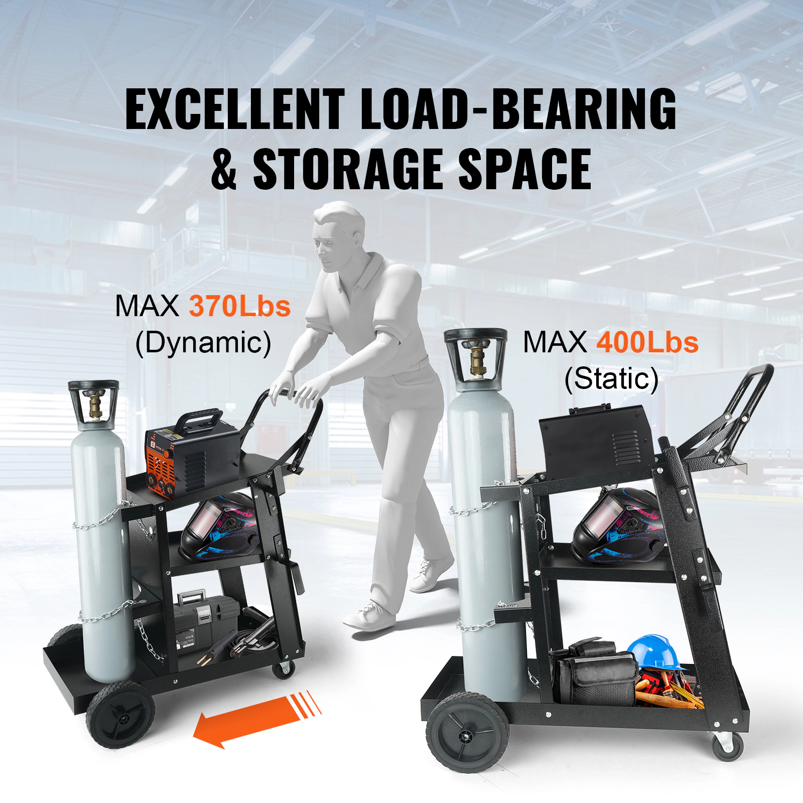 HONGGE 3-Tier Welding Cart, 400 lbs Capacity, Dual Gas Cylinder Storage with Safety Chains for MIG TIG Welders