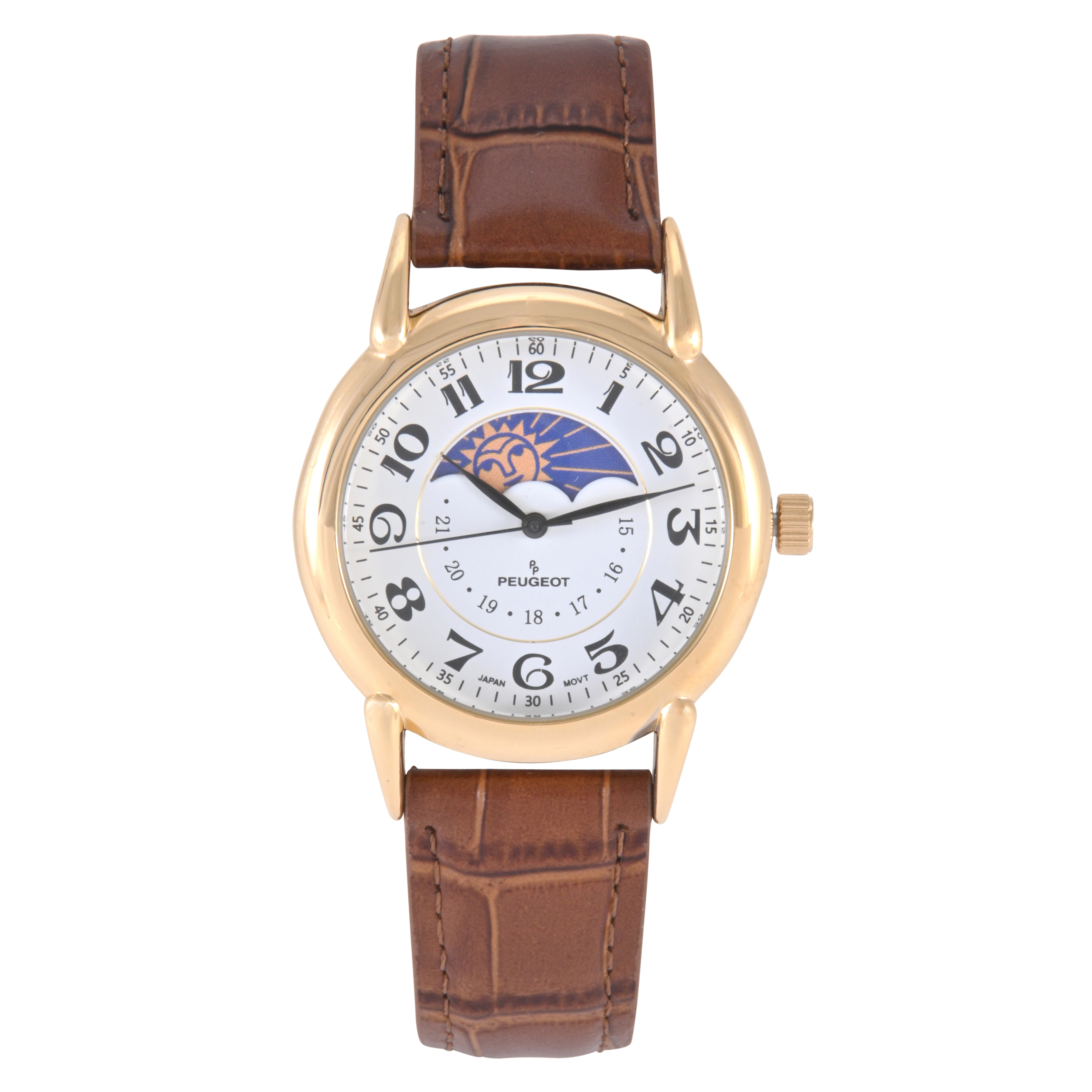 Peugeot Men's 40mm Vintage White Dial Sun Moon Brown Leather Strap Watch