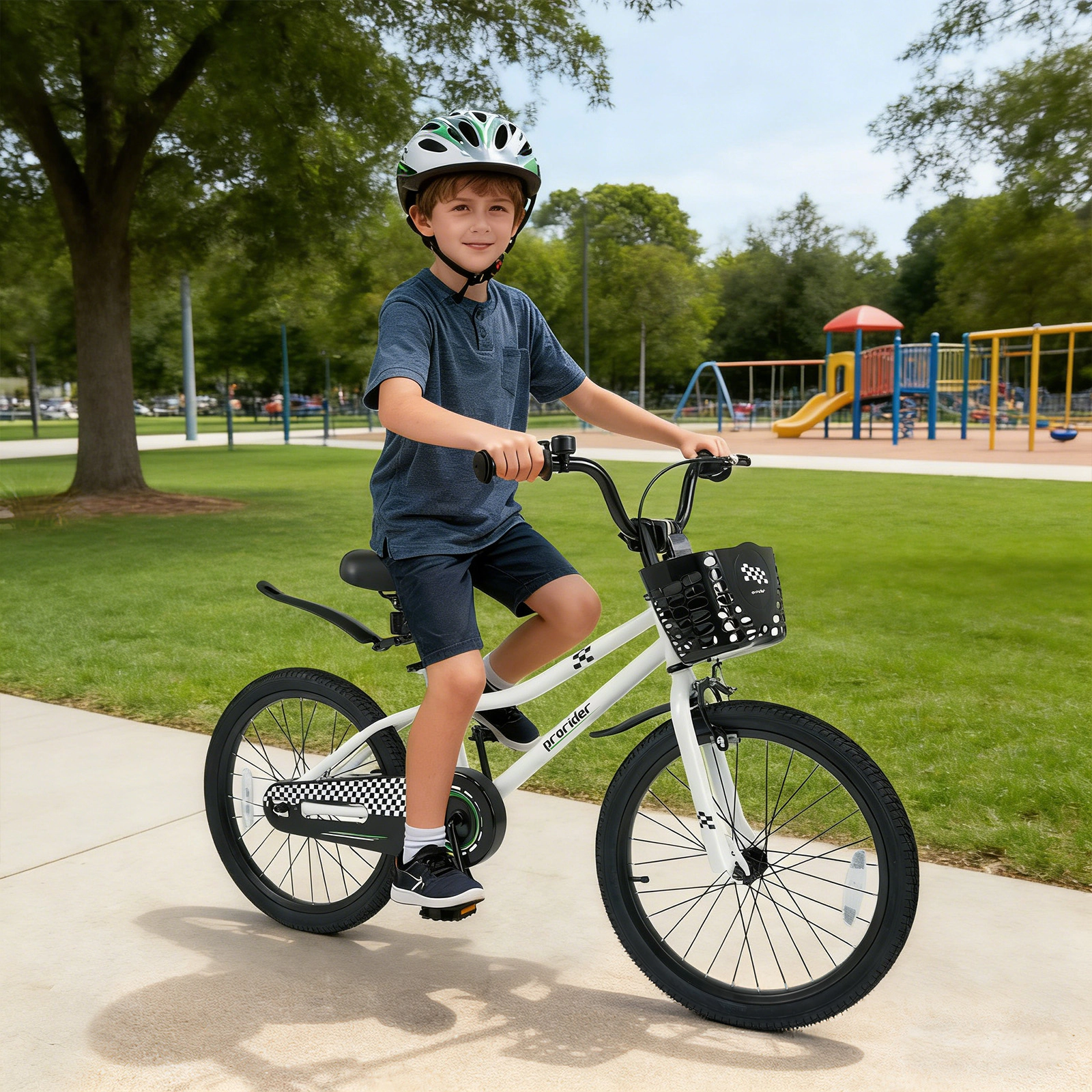 SUGIFT Adjustable 20-In Kids Bike with Hand and Coaster Brakes 143-lb Capacity Ages 8+ White with Basket and Kickstand