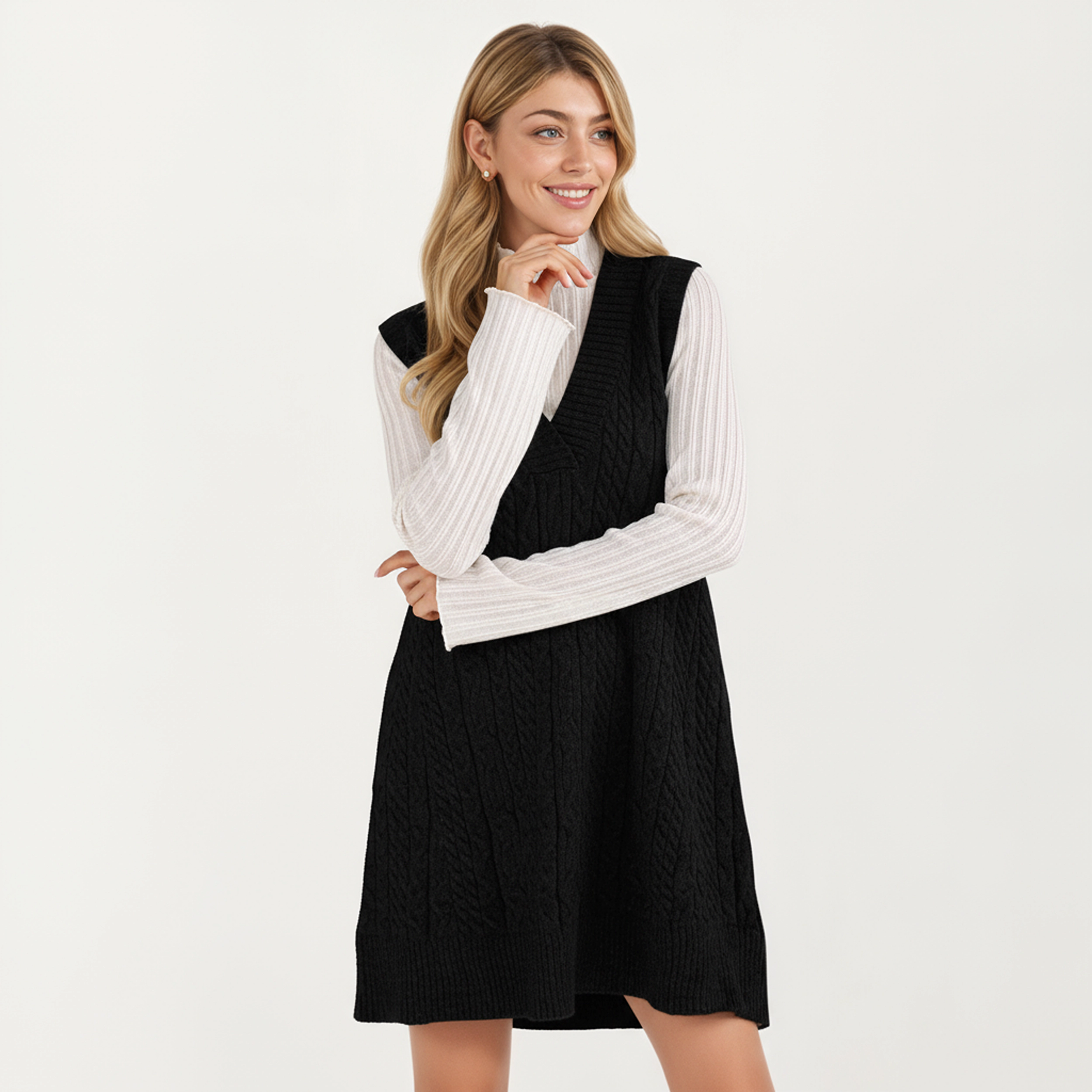 Anna-Kaci Women's Cable Knit Deep V-Neck Sleeveless Sweater Dress