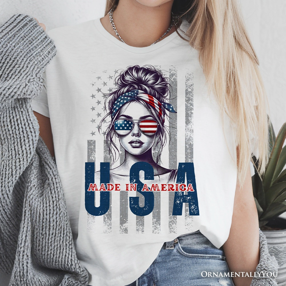 OrnamentallyYou Womens Made America Messy Bun 4th Of July T-Shirt