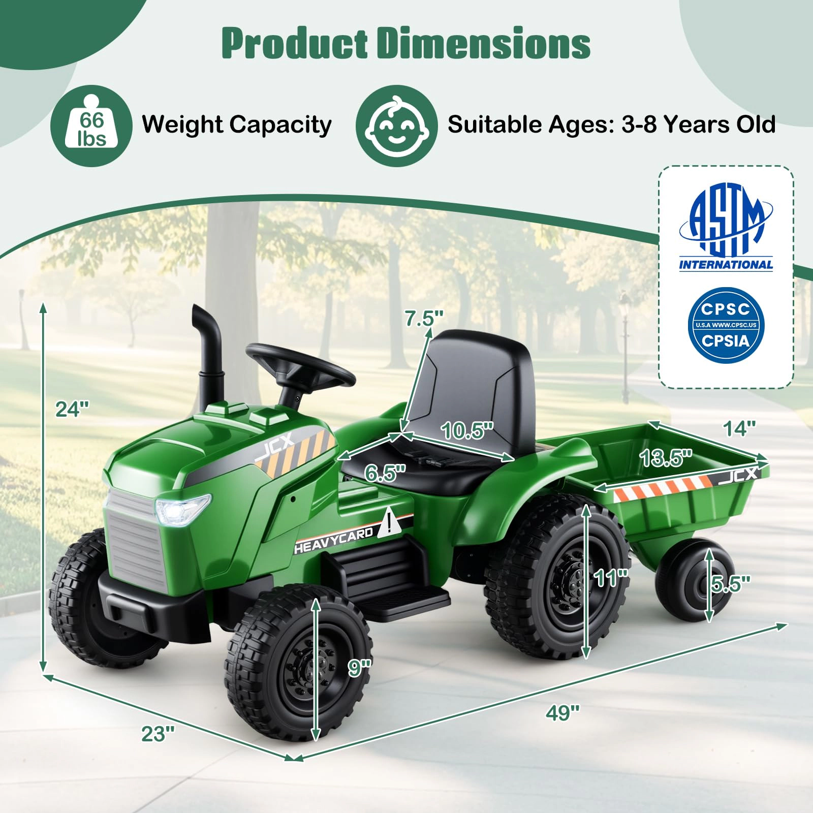 Glintex 12V Kids Ride-On Tractor with EVA Wheels and Detachable Trailer, Green