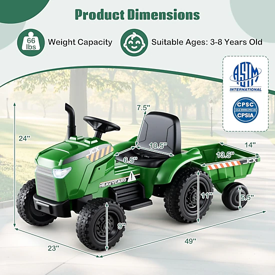 Glintex 12V Kids Ride-On Tractor with EVA Wheels and Detachable Trailer, Green