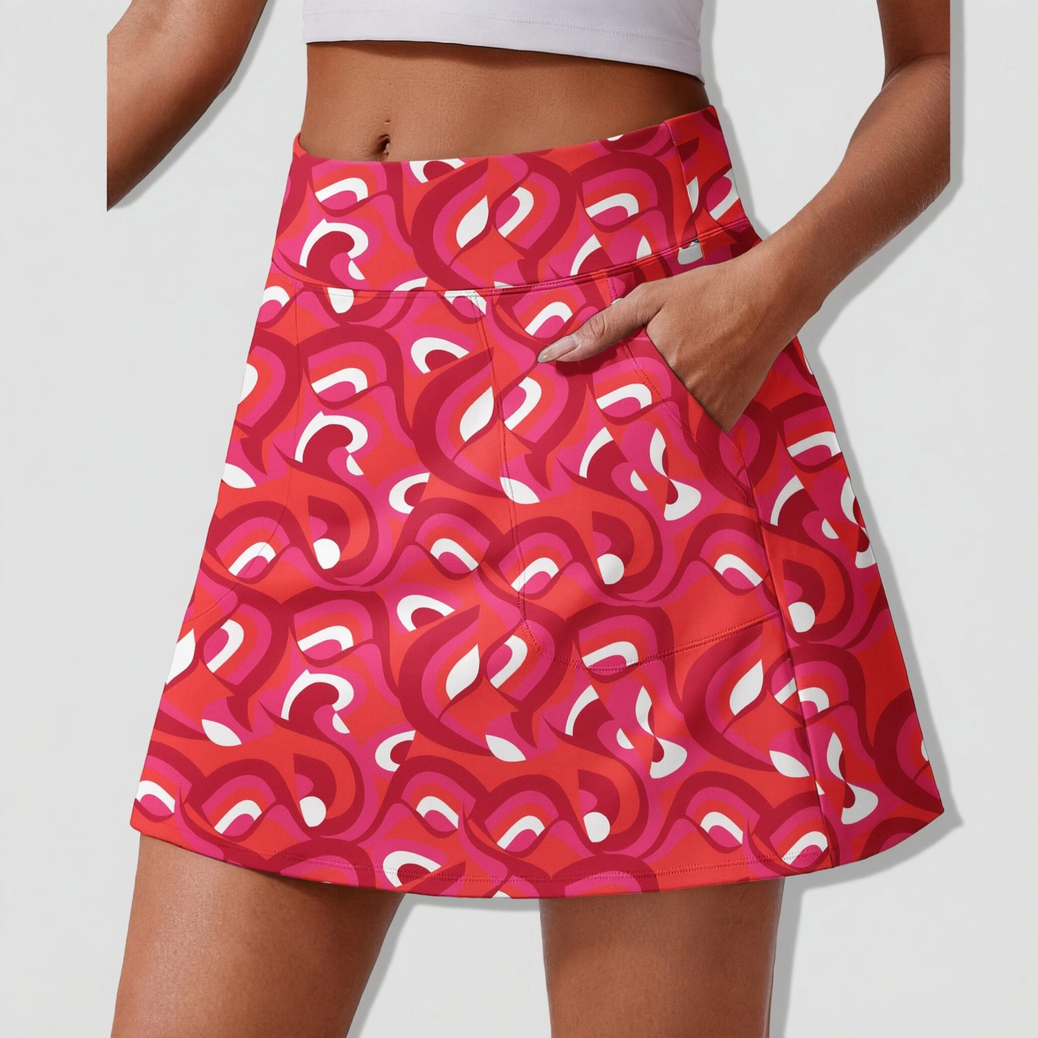 Pinspark Womens High Waist A-Line Skirts Solid Stretch Pockets Casual Mini Skorts
