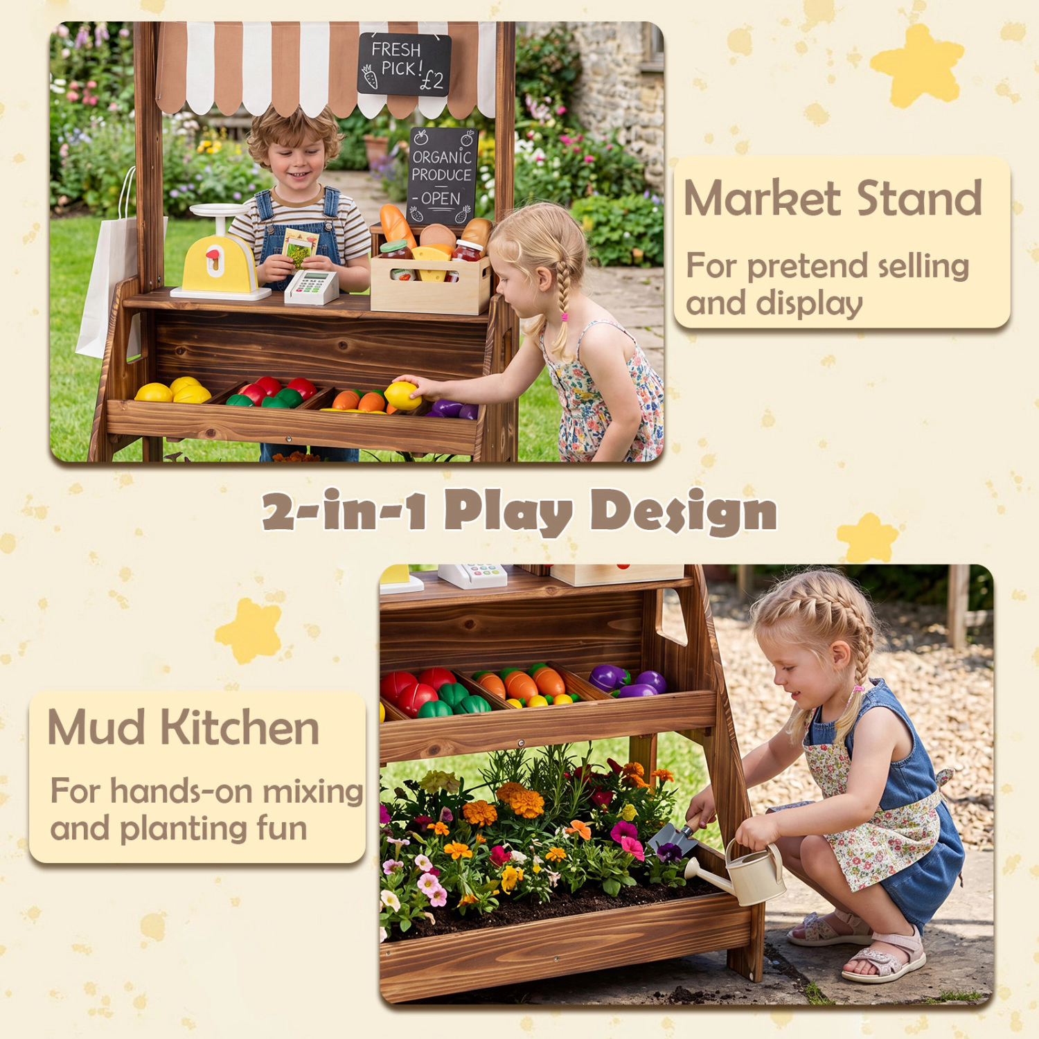 Hivvago 2-in-1 Wooden Mud Kitchen and Market Stand for Kids Outdoor with Planter Box 2 Chalkboards