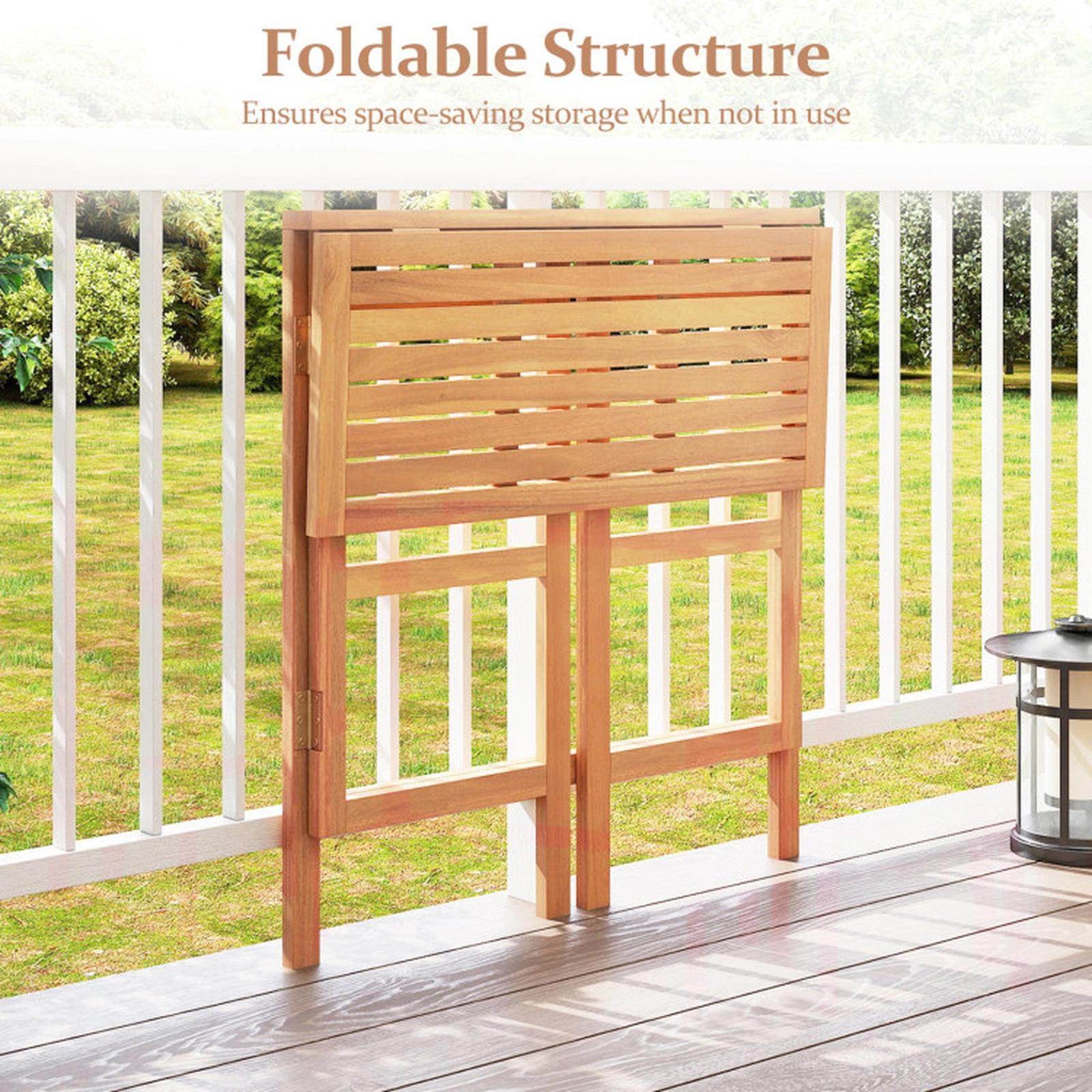SUGIFT Acacia Wood Outdoor Bar Table Natural Folding Slatted Top for Balcony