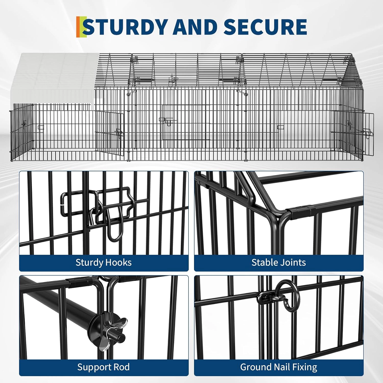 Metal Chicken Run Pen with Waterproof Cover, Portable Outdoor Poultry Coop for Duck Hen Rabbit, Black