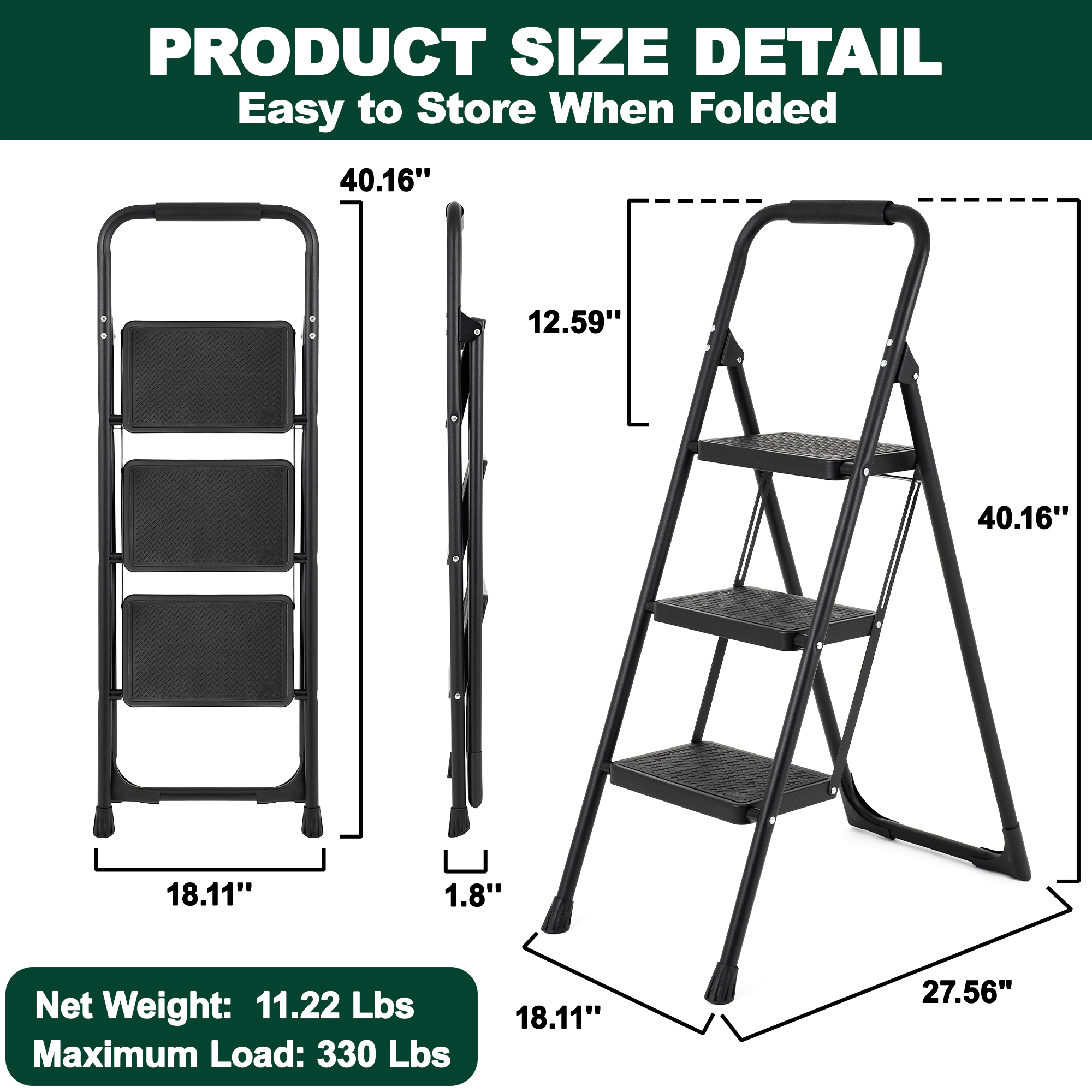 Flynama 3 Step Ladder- 330lb Capacity Steel Foldable Step Stool (Black)