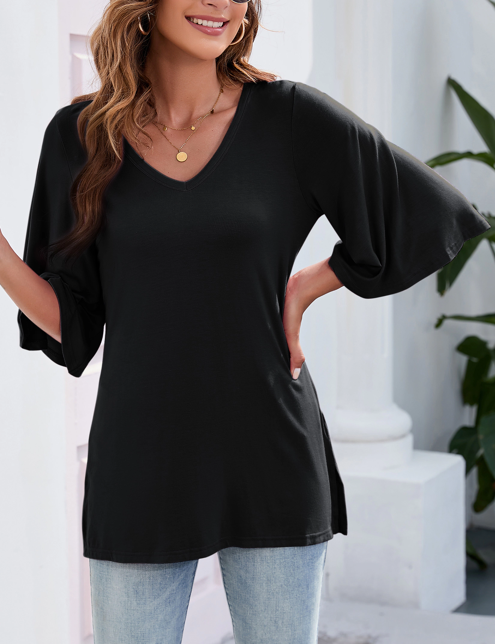 KOJOOIN V Neck Tunic Top for Women, Ruffle 3/4 Sleeve Side Slit Loose Fit Flowy Long Tee Blouse