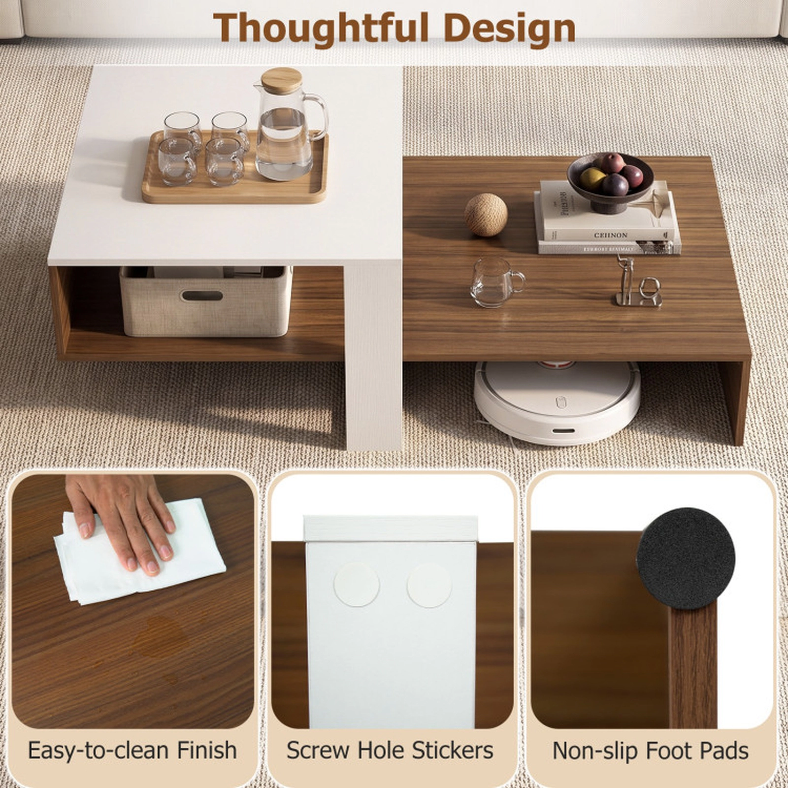 SUGIFT 2-Tier Irregular Offset Brown Open Shelf Low Modern Coffee Table 39.5-in x 21-in x 13-in 66-lb Capacity White