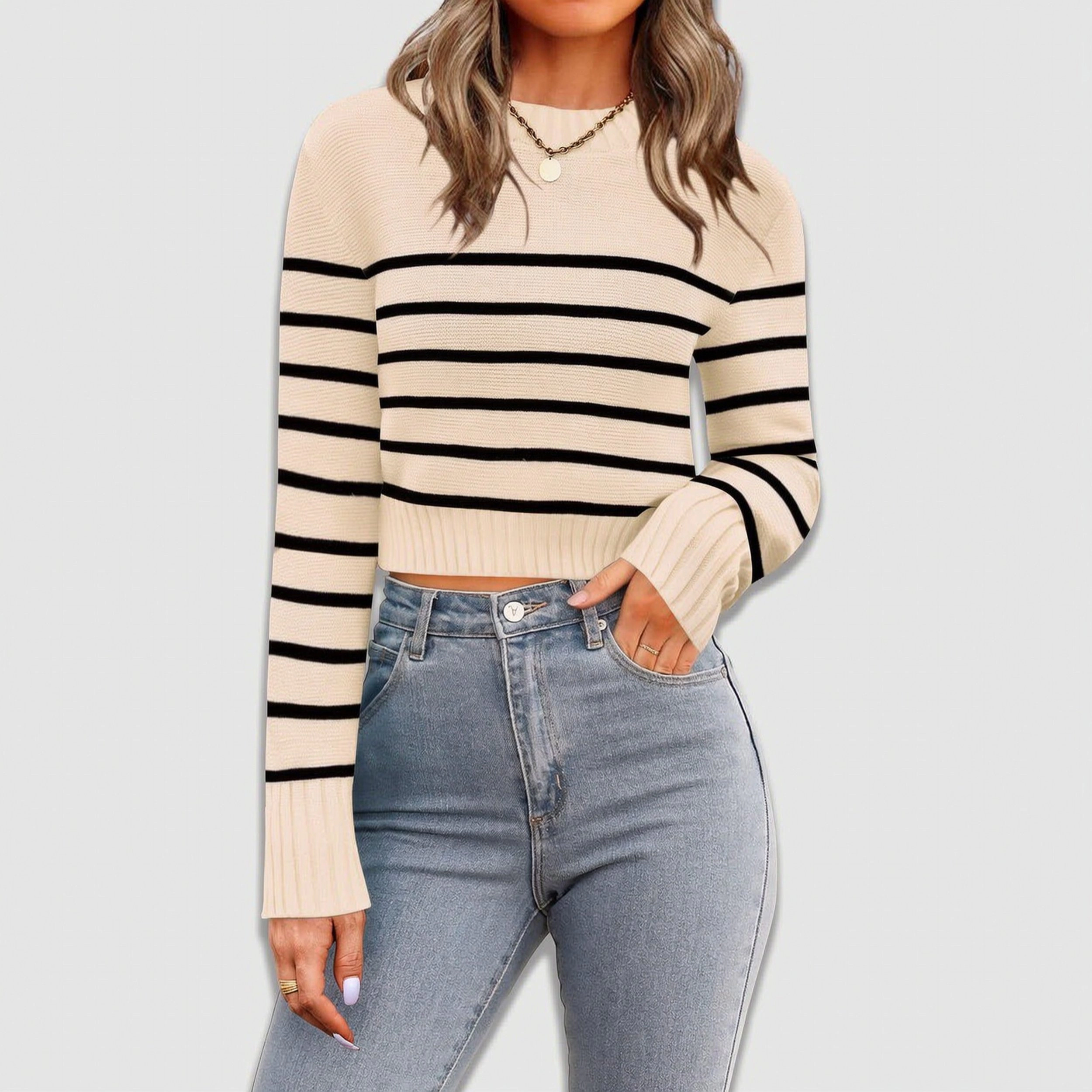 Zeagoo Women's Crewneck Cropped Long Sleeve Ribbed Knit Pullover