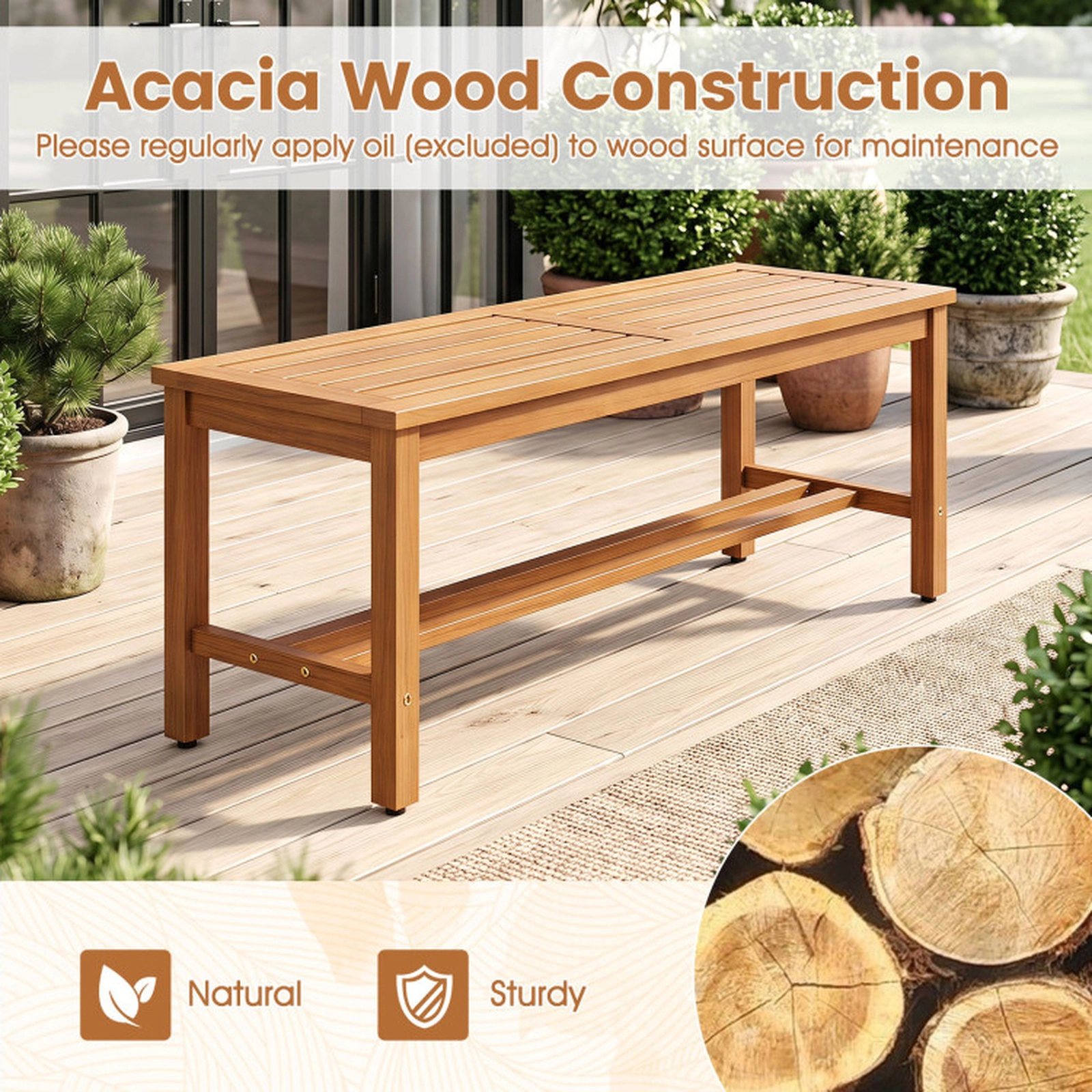 SUGIFT 40-In Natural Acacia Wood Backless Dining Bench, Indoor/Outdoor