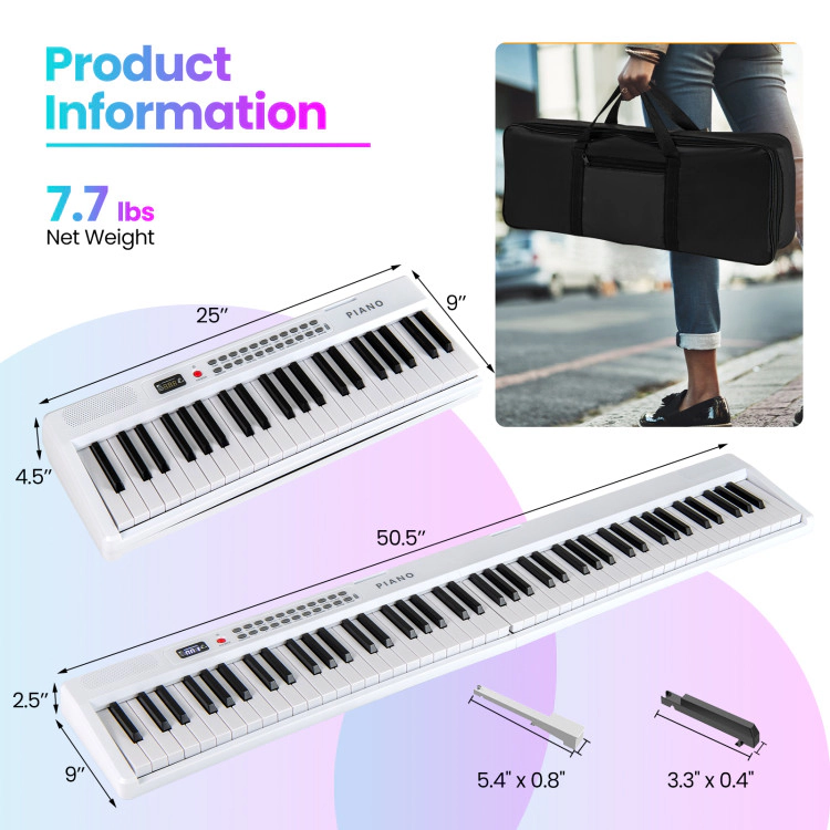SUGIFT Foldable 88-Key Electric Keyboard Piano with Semi-Weighted Keys Wireless MIDI Dual Speakers White