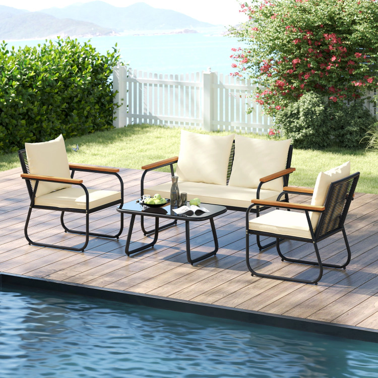 Hivvago 4 Pieces Patio Furniture Set With Tempered Glass Coffee Table