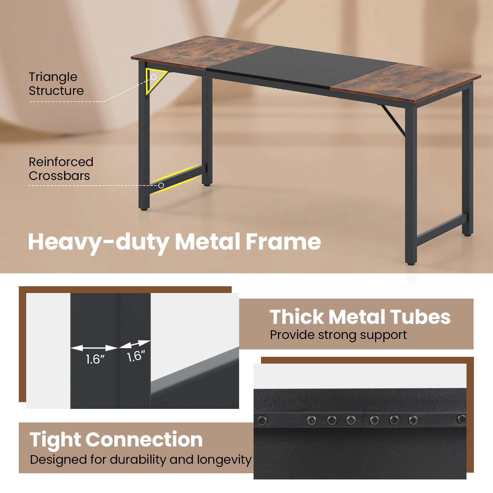 SUGIFT 63-in Modern Splice Computer Desk with Heavy Duty Steel Frame 110-lb Capacity Black Rustic Brown